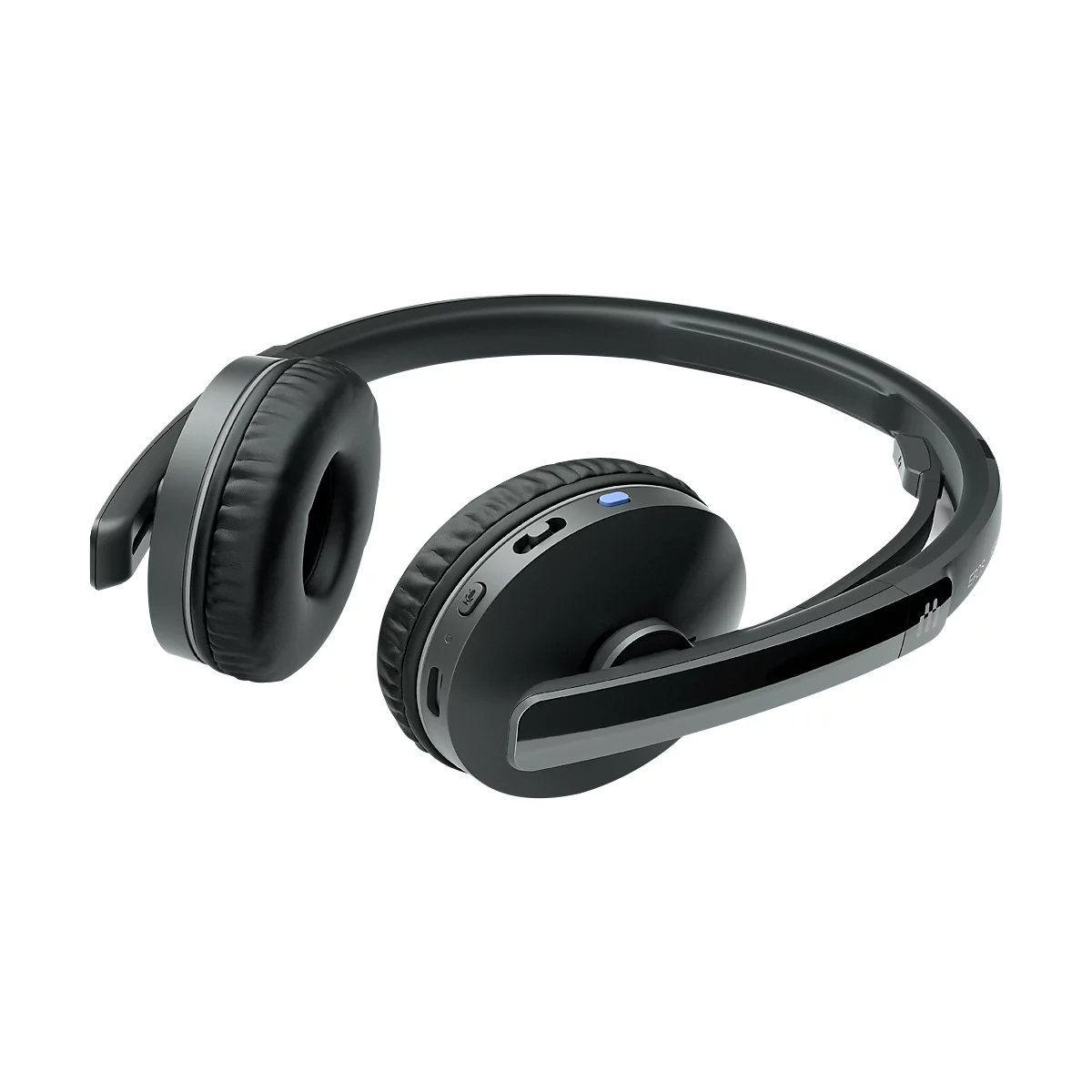 Black headphones, partially folded, with gray accents. A blue LED is visible on one earcup.