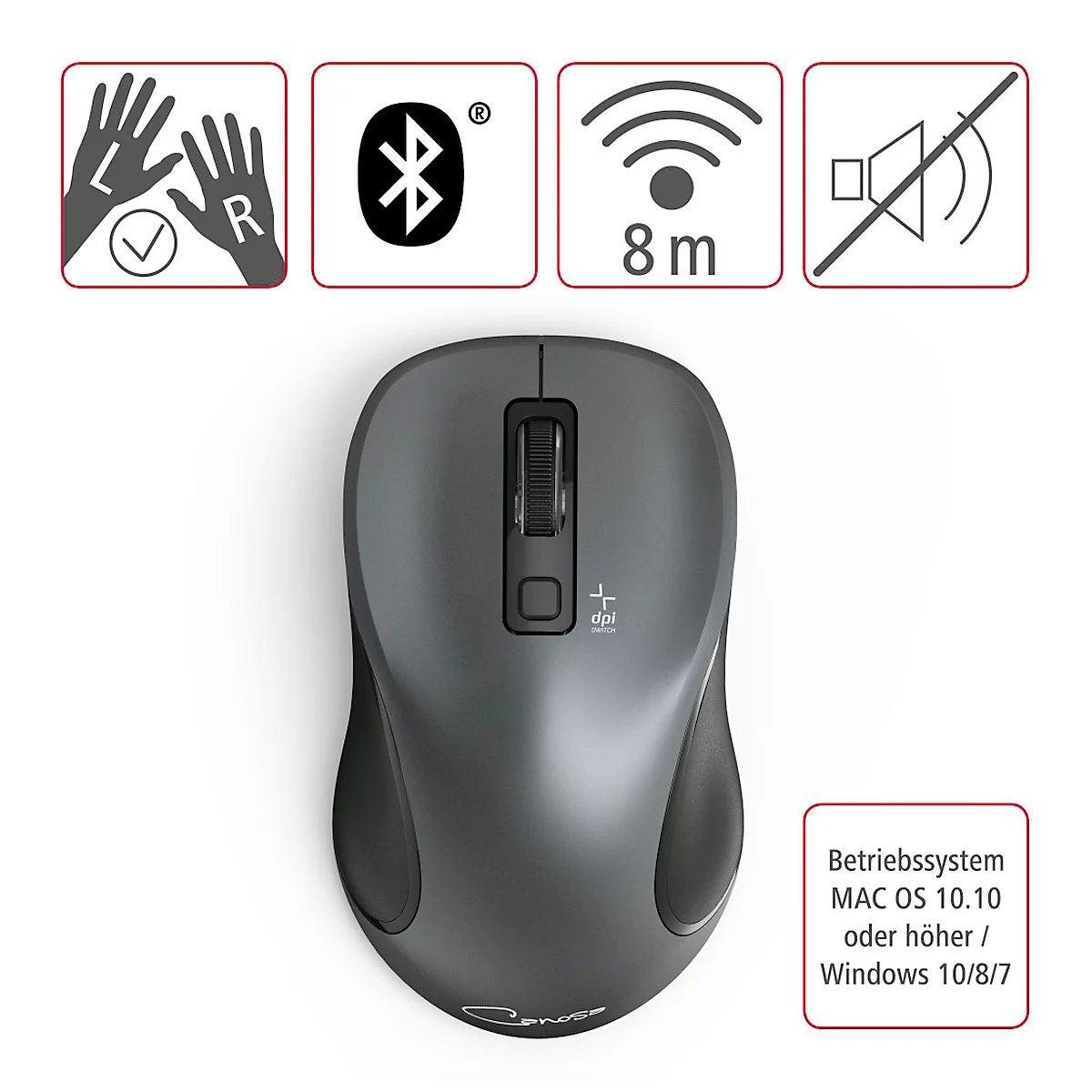 Bluetooth muis hama Canosa, voor links- en rechtshandigen, bereik tot 8 m, USB nano-ontvanger, 3 knoppen &amp; scrollwiel, 800-1600 dpi, batterij, antraciet