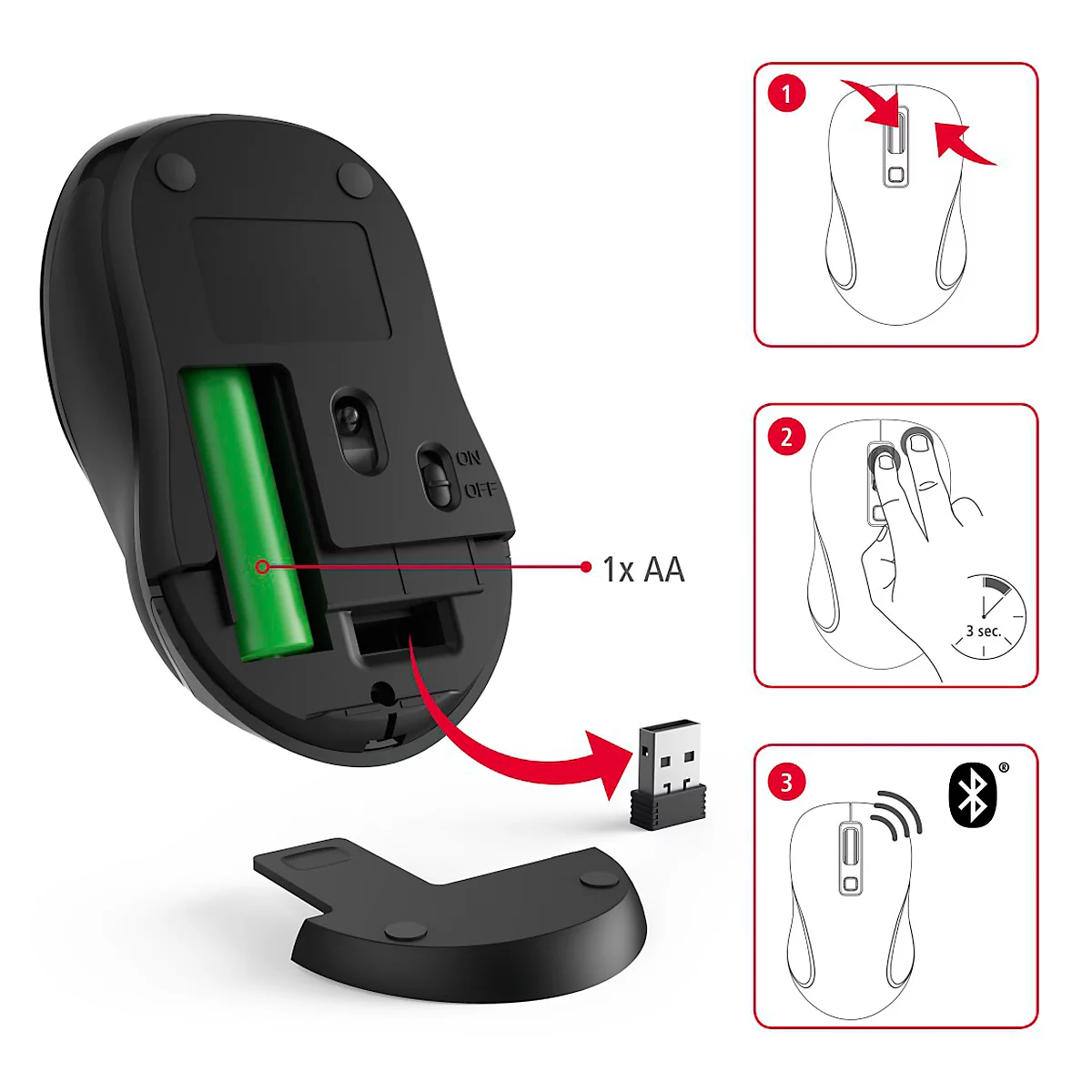 Bluetooth muis hama Canosa, voor links- en rechtshandigen, bereik tot 8 m, USB nano-ontvanger, 3 knoppen &amp; scrollwiel, 800-1600 dpi, batterij, antraciet