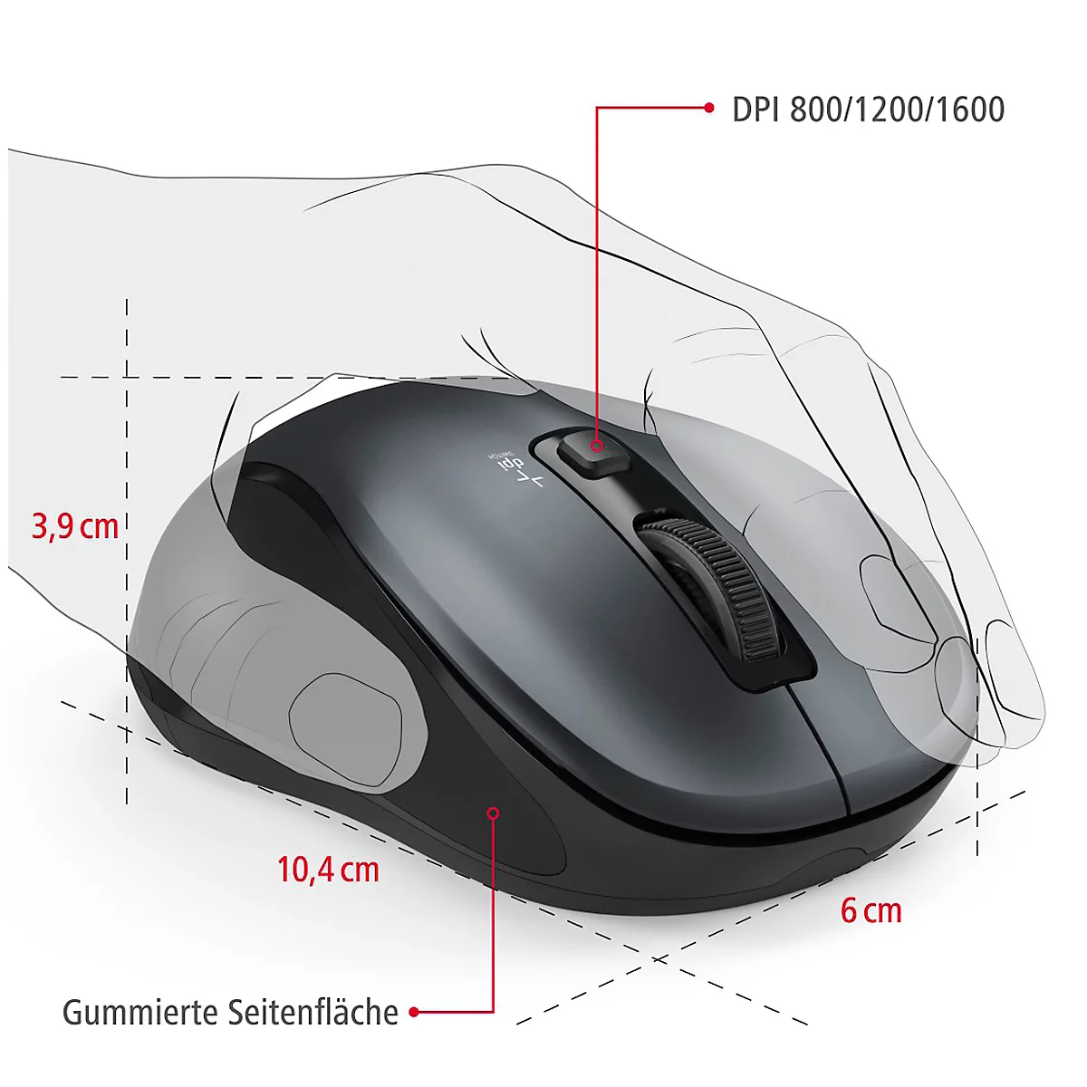 Bluetooth muis hama Canosa, voor links- en rechtshandigen, bereik tot 8 m, USB nano-ontvanger, 3 knoppen &amp; scrollwiel, 800-1600 dpi, batterij, antraciet