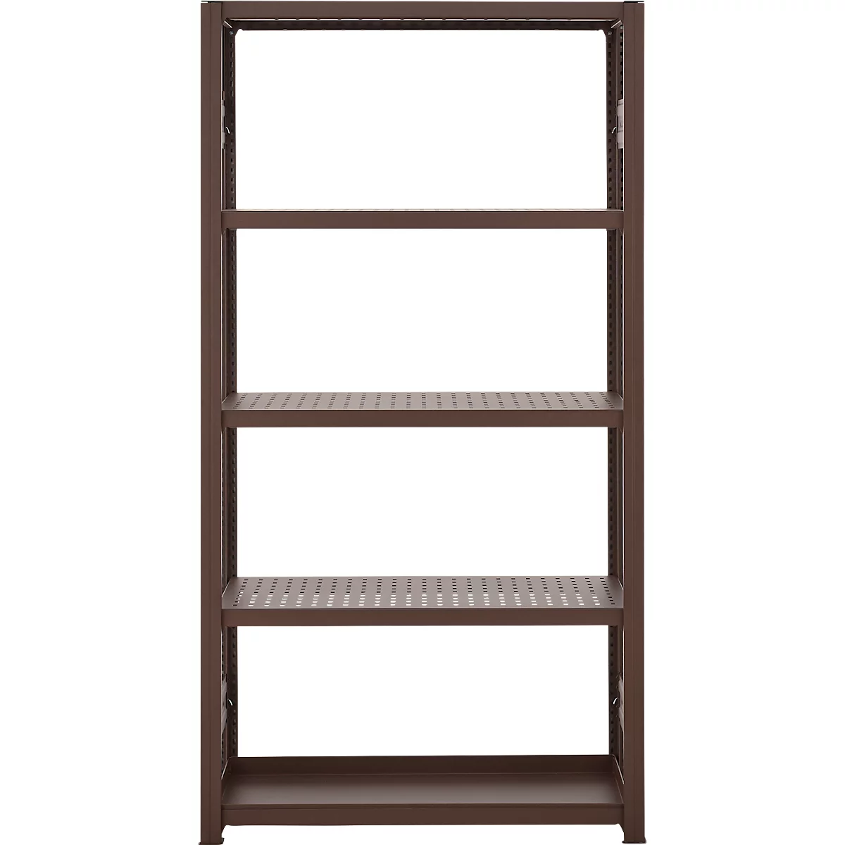 Blumen-/Allround-Steckregal ORDO Flex, multifunktional, 4 Fachböden mit Lochung, Wannenboden, Feldlast 1200 kg, B 1060 x T 435 x H 2000 mm, pulverbeschichtet, rostfarben/braun
