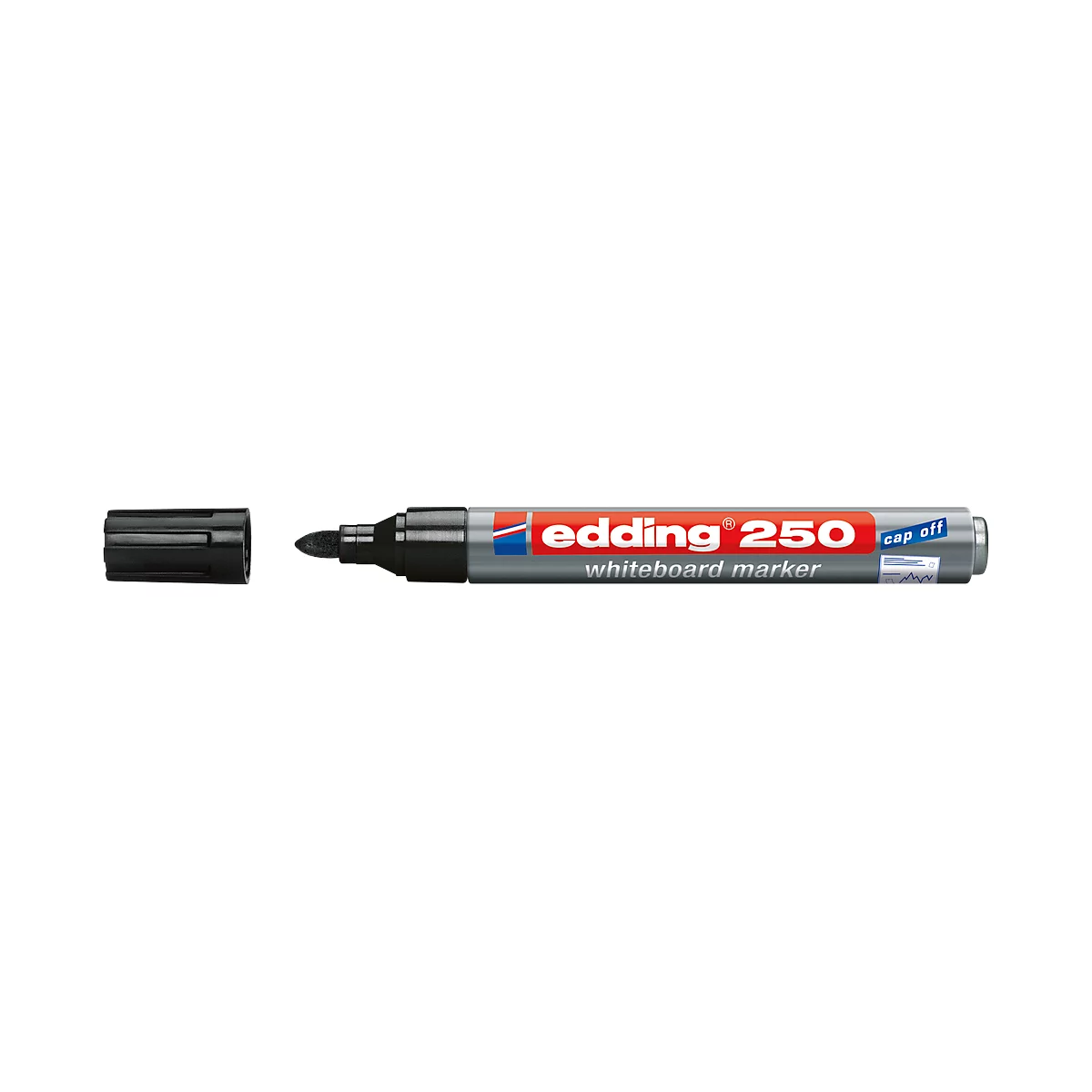 A white edding 250 marker, with an open black cap. The marker reads "edding 250 whiteboard marker".