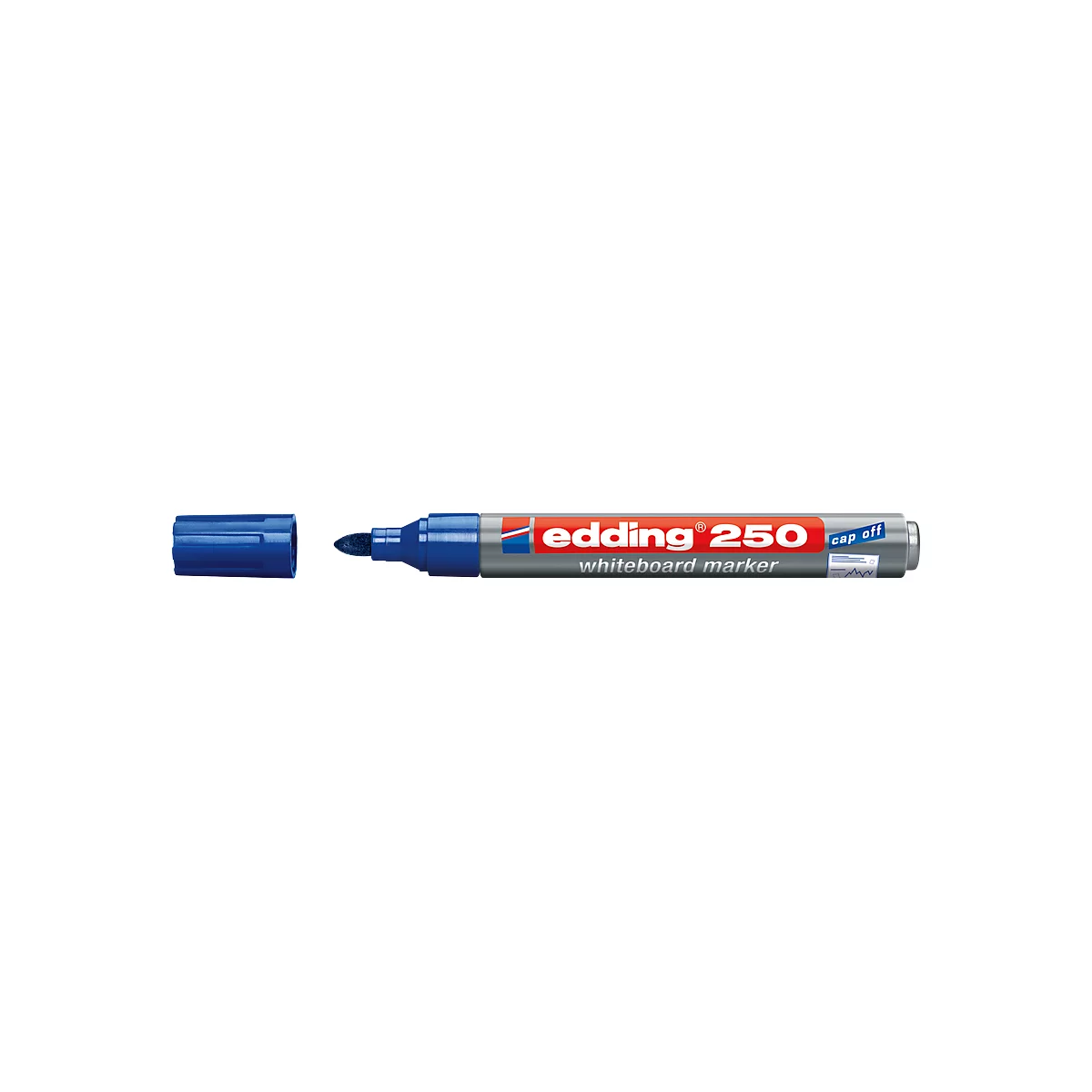 A blue edding whiteboard marker, cap next to it. The pen says "edding 250 whiteboard marker".