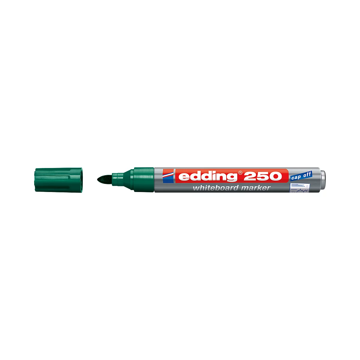 A green Edding whiteboard marker with the cap open. The marker reads "edding 250 whiteboard marker".