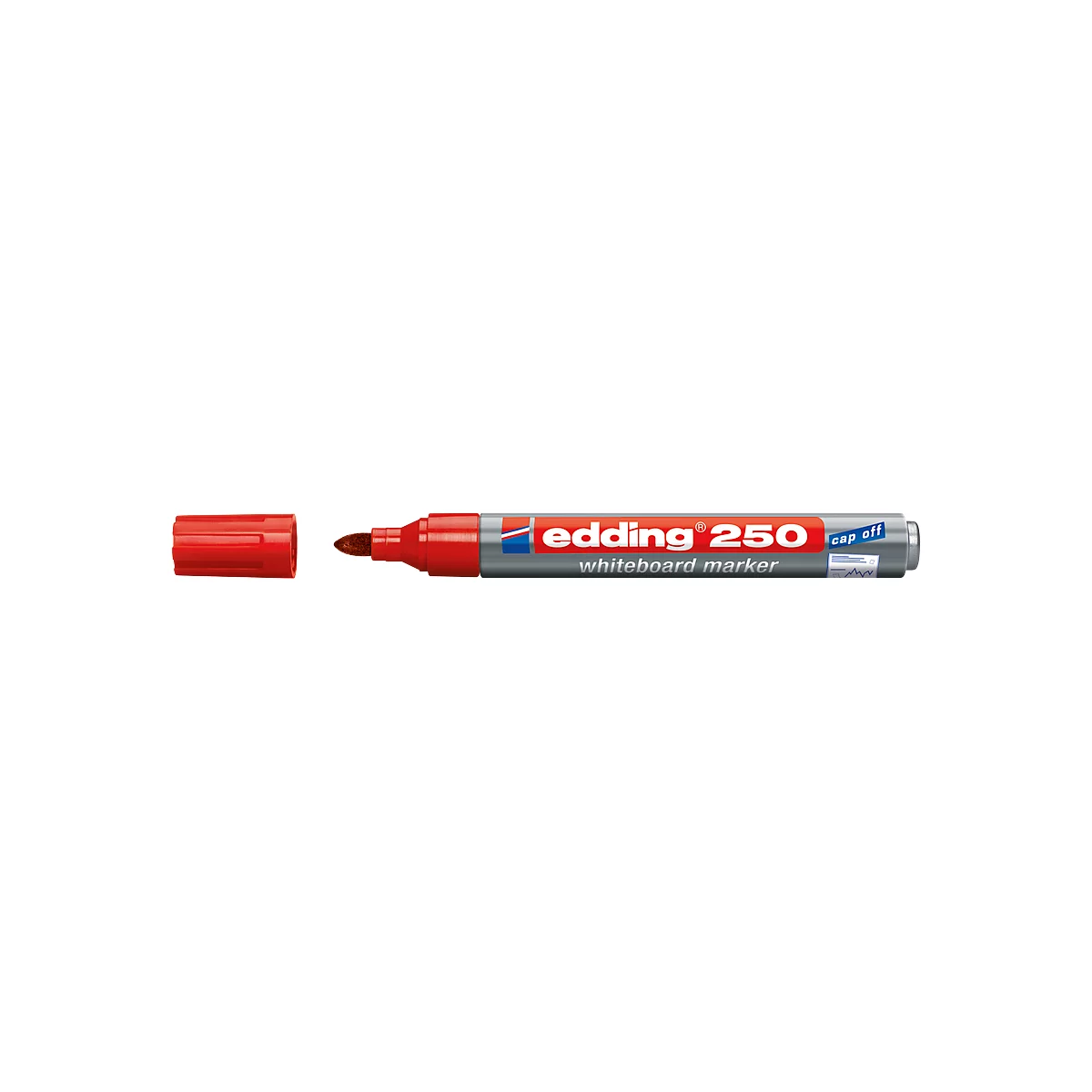 A red Edding 250 whiteboard marker, with the cap open next to it.