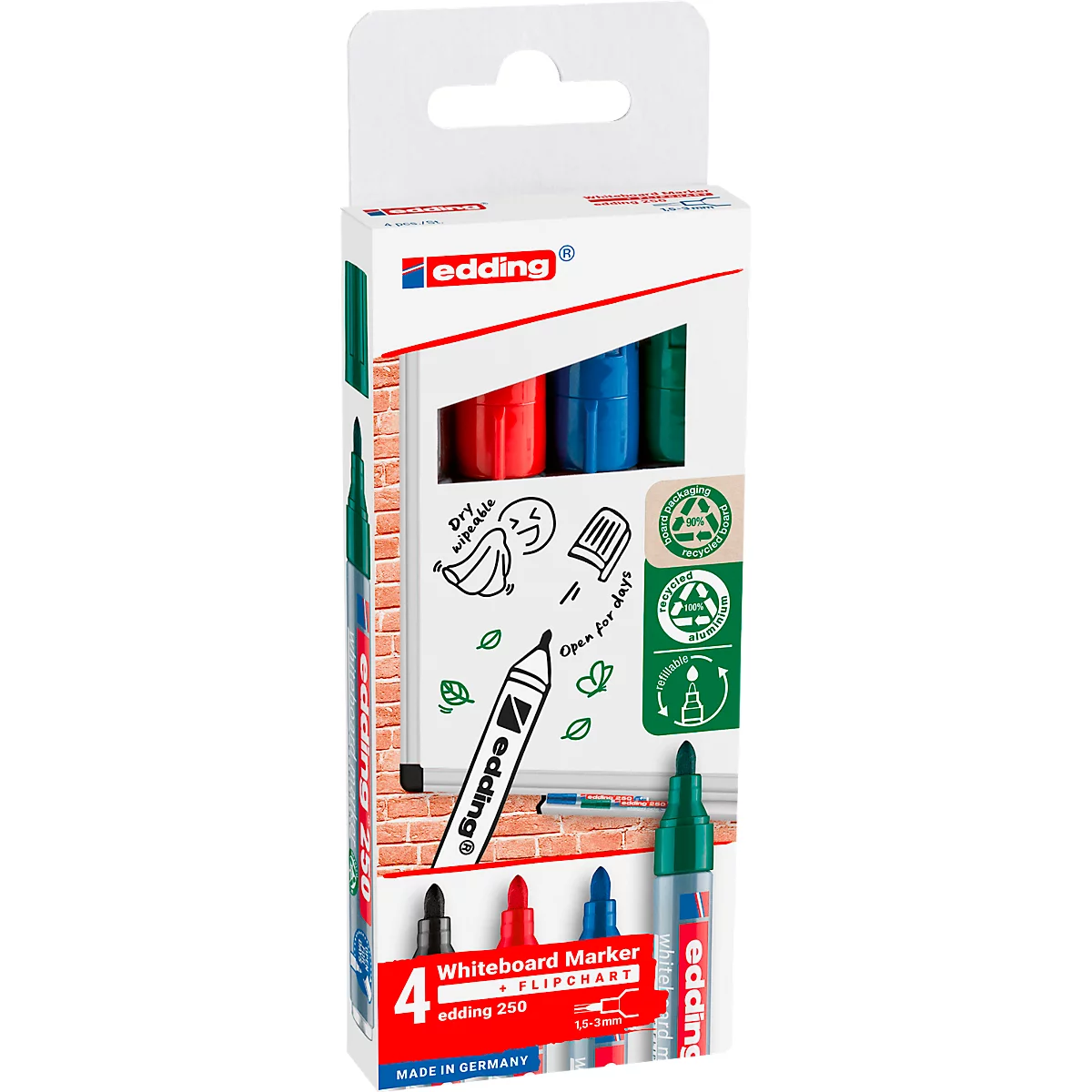 Packaging of 4 whiteboard markers in red, blue, green and black. Inscription: "Whiteboard Marker + Flipchart", "edding 250".