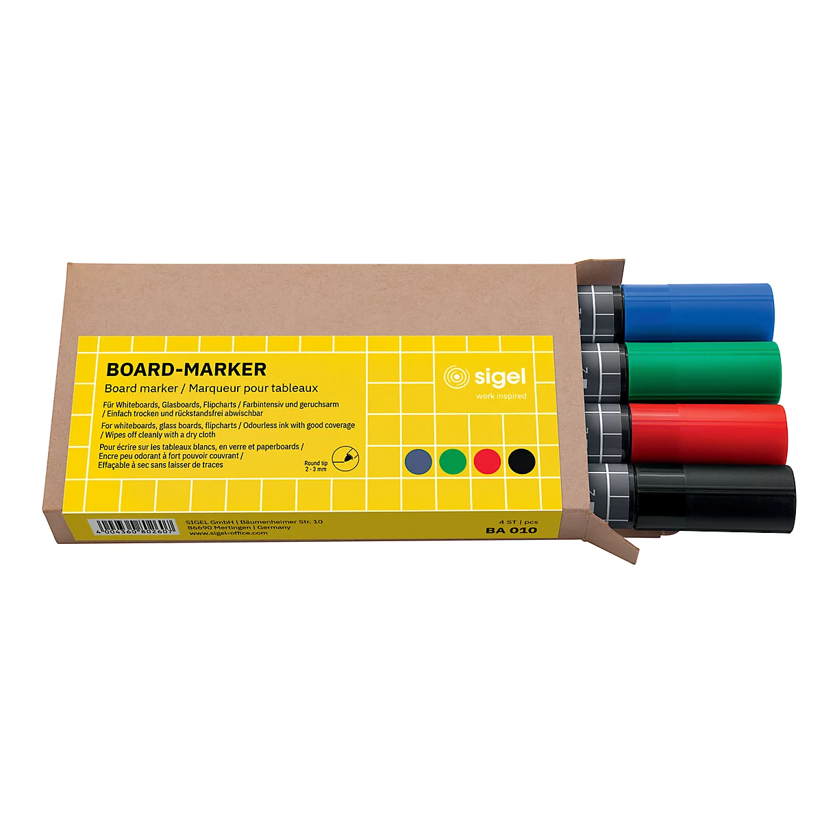 Board-Marker Sigel, 4er Set, Rundspitze: 2-3 mm, leicht abwischbar, farbsortiert