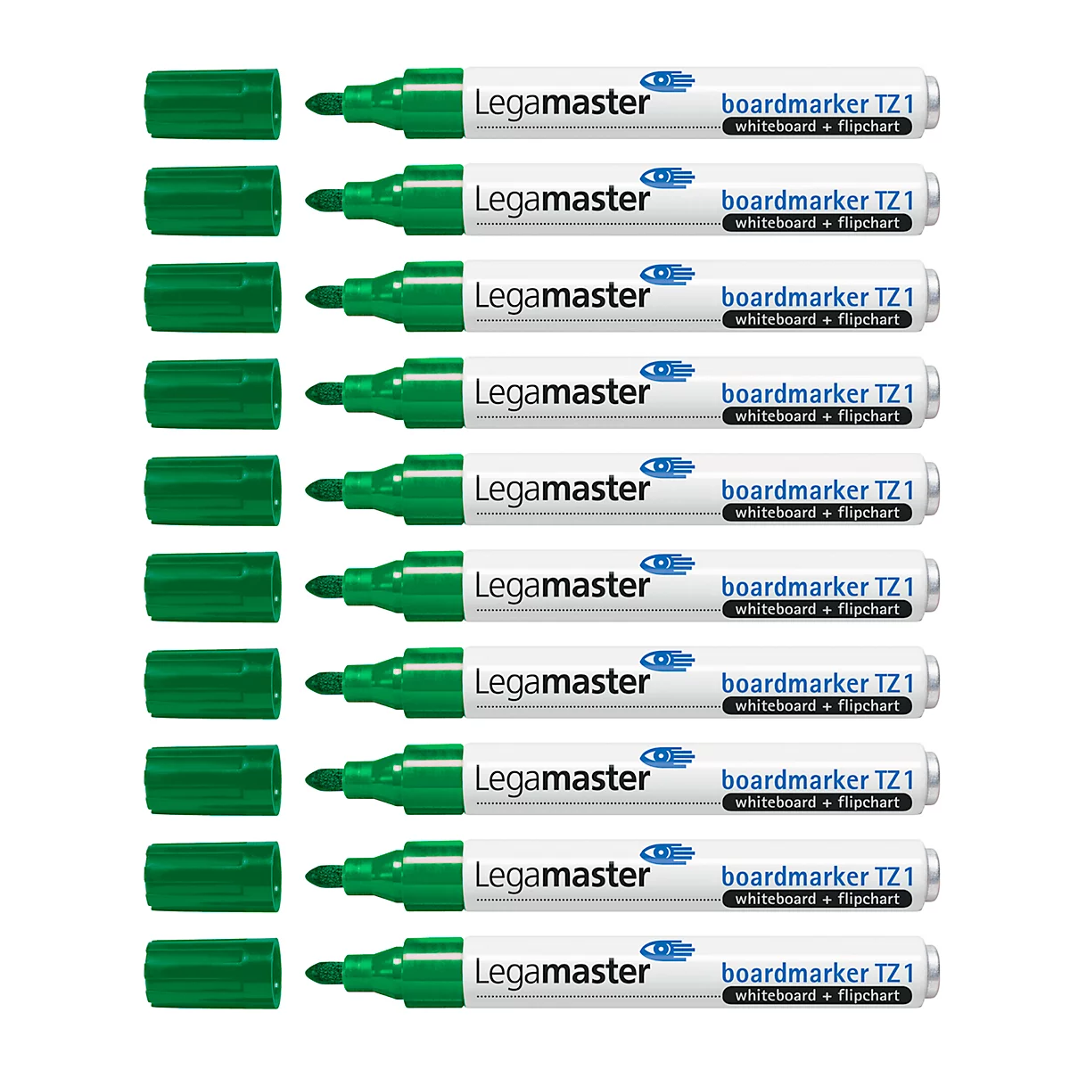 Zehn grüne Whiteboardmarker mit grünen Kappen auf weißem Hintergrund.
