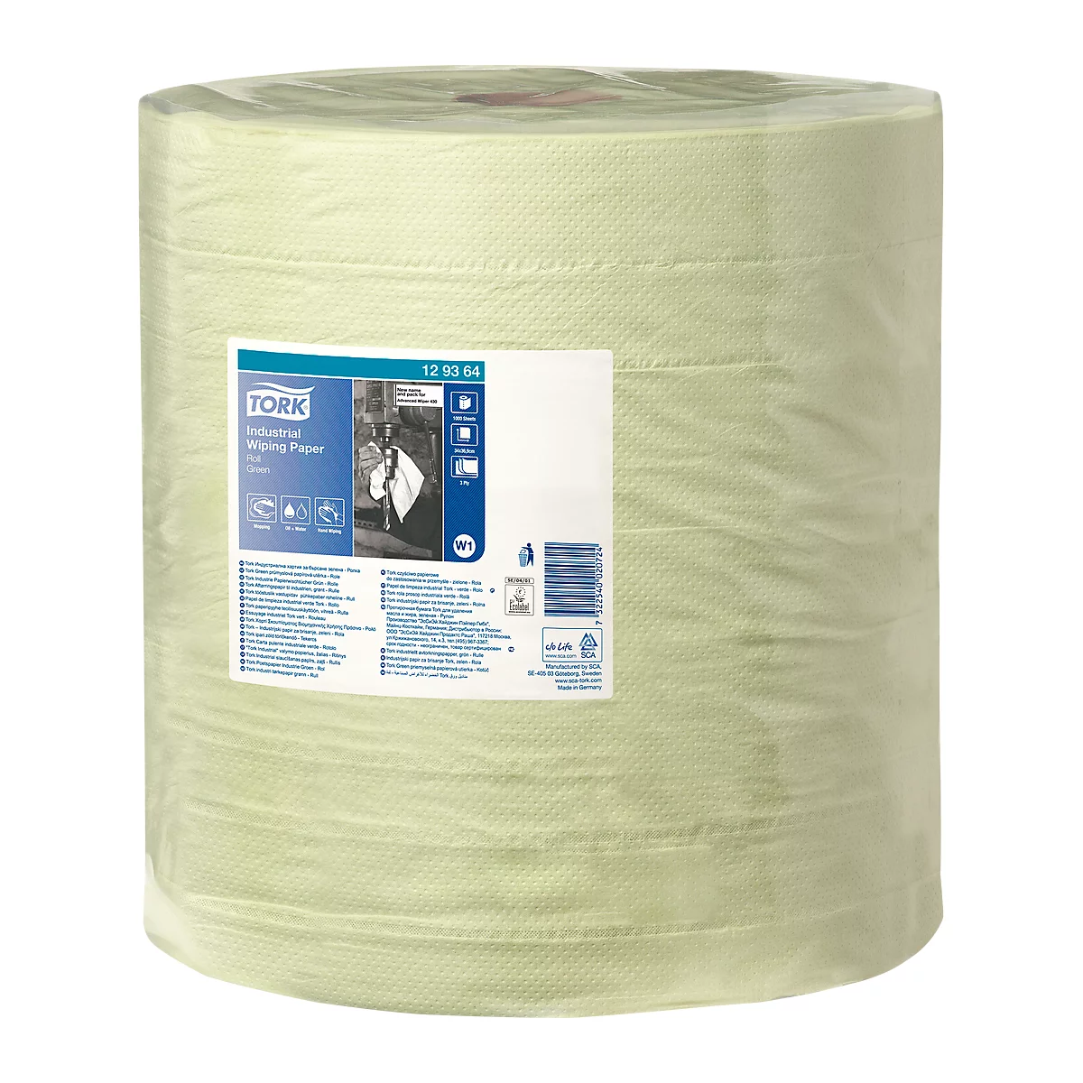 Rouleau de papier d'essuyage industriel, vert clair, avec étiquette TORK indiquant les informations sur le produit.