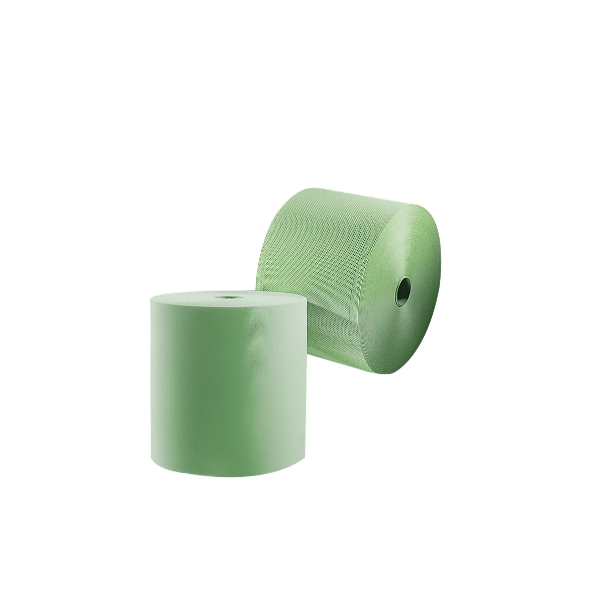 Deux rouleaux de papier vert sur fond blanc. L'un est debout, l'autre est couché.