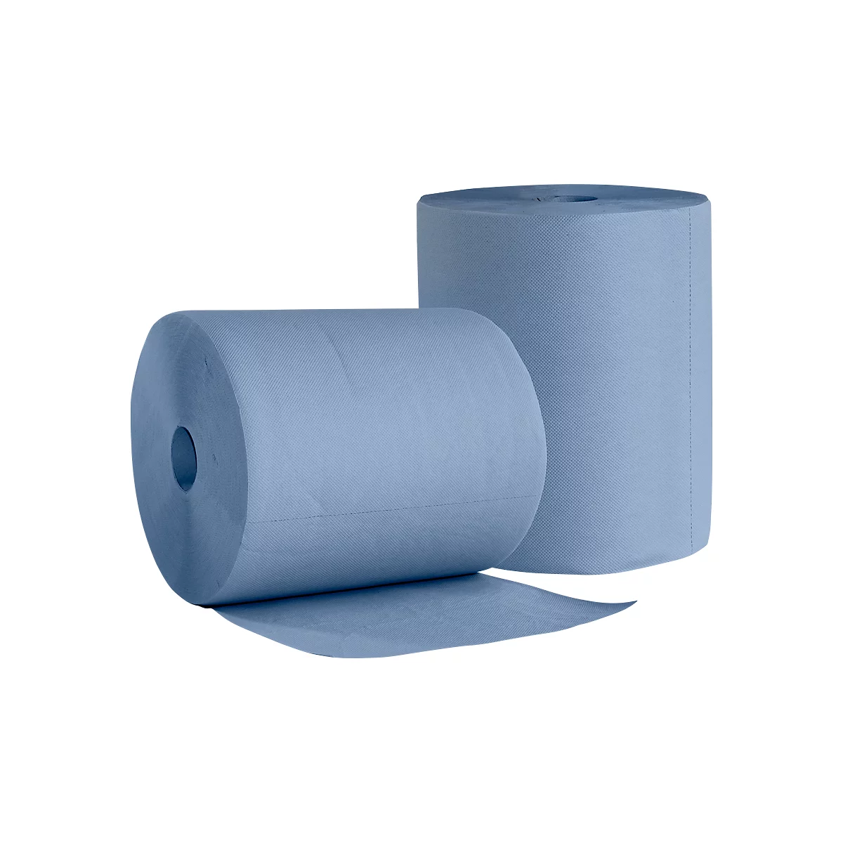 Deux rouleaux de papier bleu clair, un rouleau couché, l'autre debout. Papier pour le nettoyage.