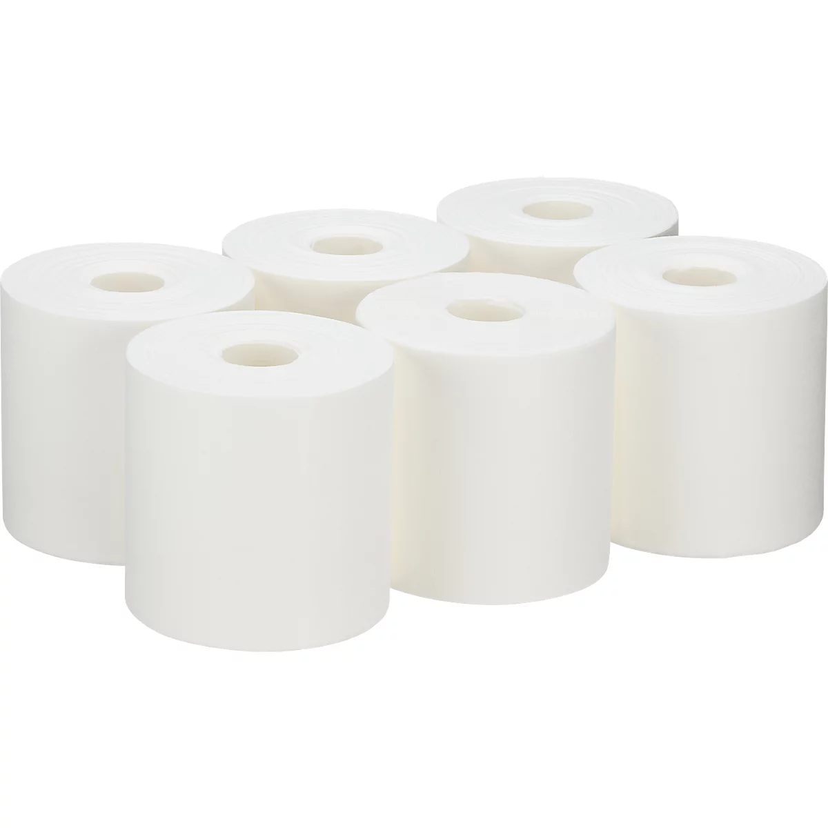 Six rouleaux de papier blancs, disposés en demi-cercle. Chaque rouleau a un trou au centre.