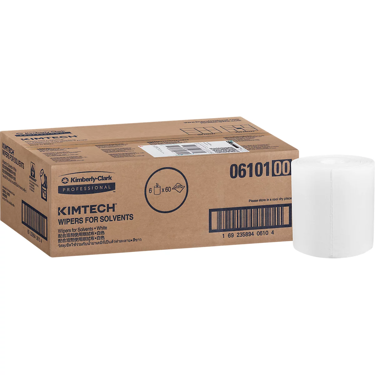 Une boîte en carton de lingettes KIMTECH pour solvants et un rouleau de lingettes blanches à côté.