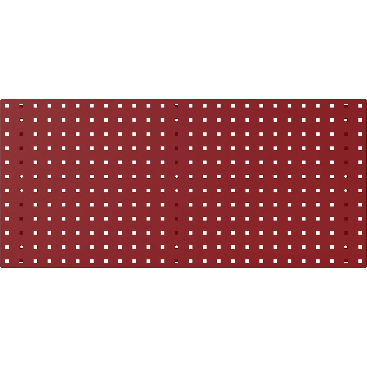 Rechthoekig, bordeauxrood bord met talrijke vierkante gaten, regelmatig gerangschikt.