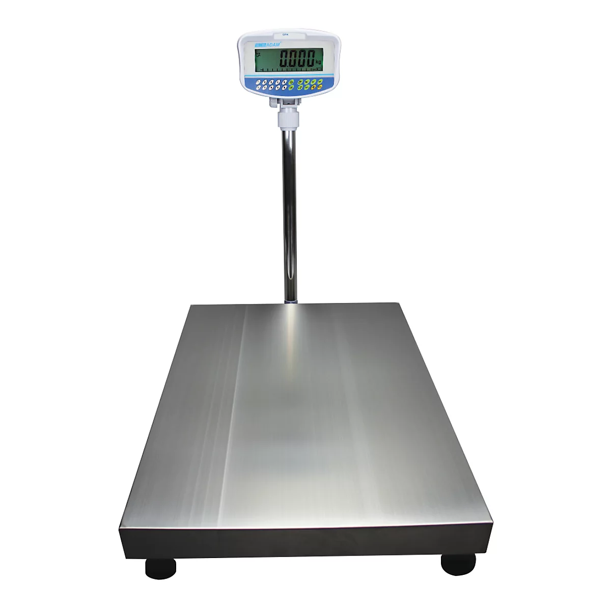 Eine digitale Plattformwaage mit Display und einem Gewicht von 0,000. Die Waage hat ein rechteckiges Plateau und steht auf vier schwarzen Füßen.