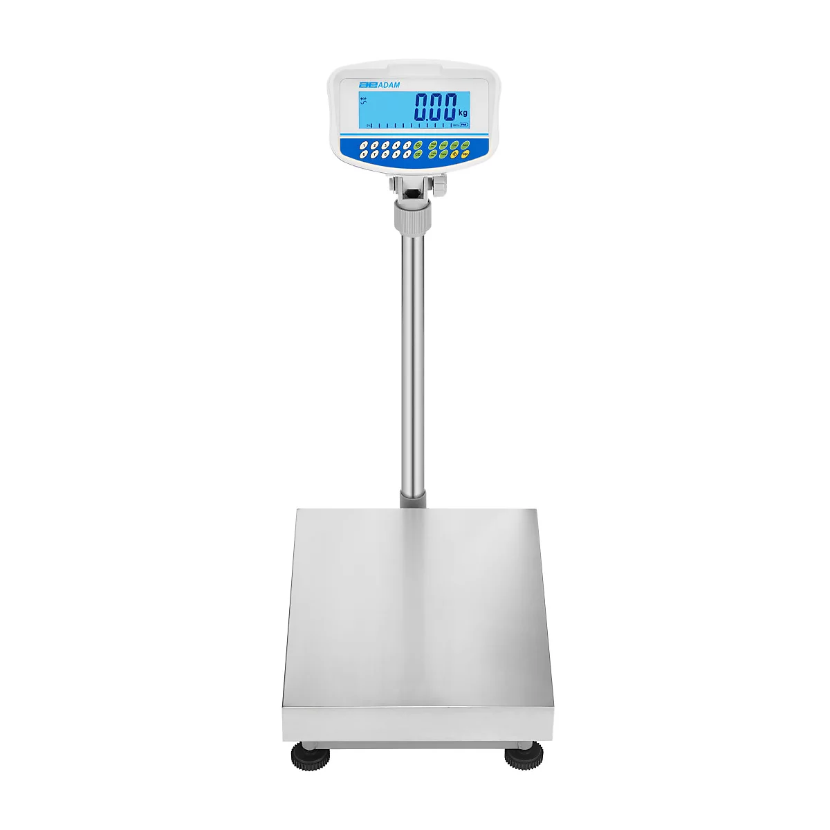 Eine digitale Waage aus Edelstahl mit einem blauen Display, die 0,00 kg anzeigt.