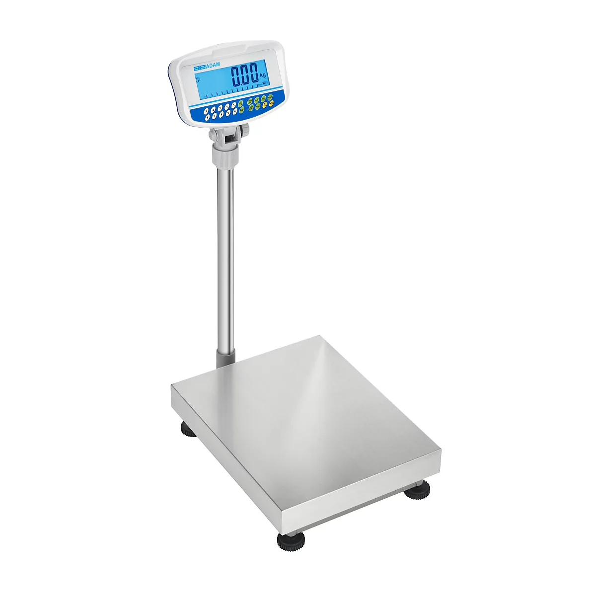 Digitale Waage mit Display, zeigt 0.00 kg. Rechteckige Plattform, graues Metall, blaues Display.