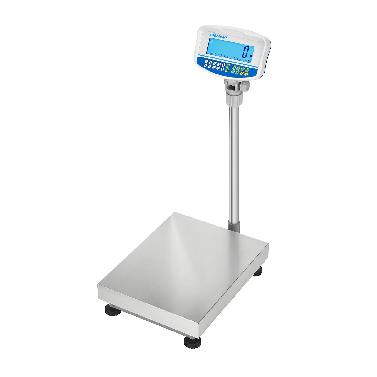 Digitale Waage, Anzeige: 0. Edelstahl-Plattform, weißes Display, blau beleuchtet.