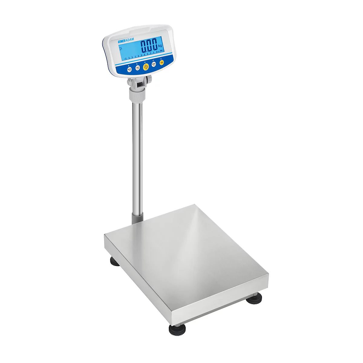 Eine digitale Waage mit Display, angebracht auf einem Metallrahmen. Die Anzeige zeigt "0.00" an.