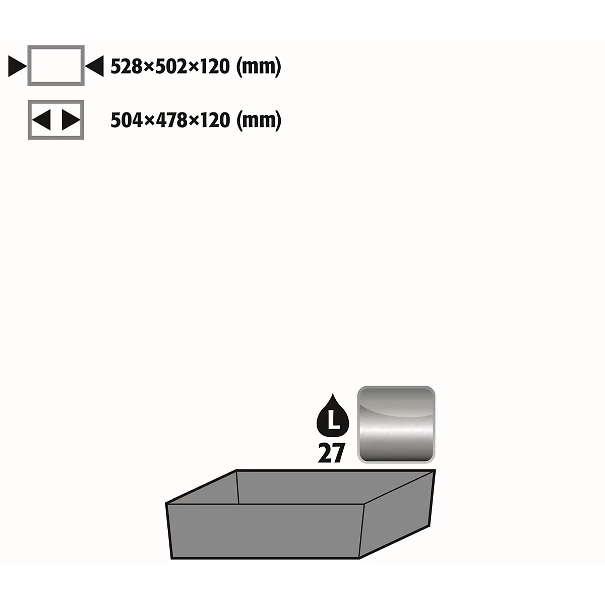 Bodenauffangwanne Standard für asecos Sicherheitsschränke der S-30 und K-30 Serie, Edelstahl 1.4301, B 528 x T 502 x H 120 mm, 27 l