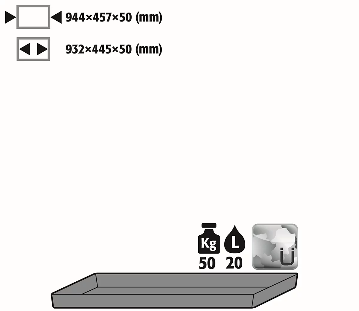 Bodenauffangwanne Stawa-R für asecos Chemikalienschränke, Stahlblech, B 944 x T 457 x H 50 mm, 20,5 l