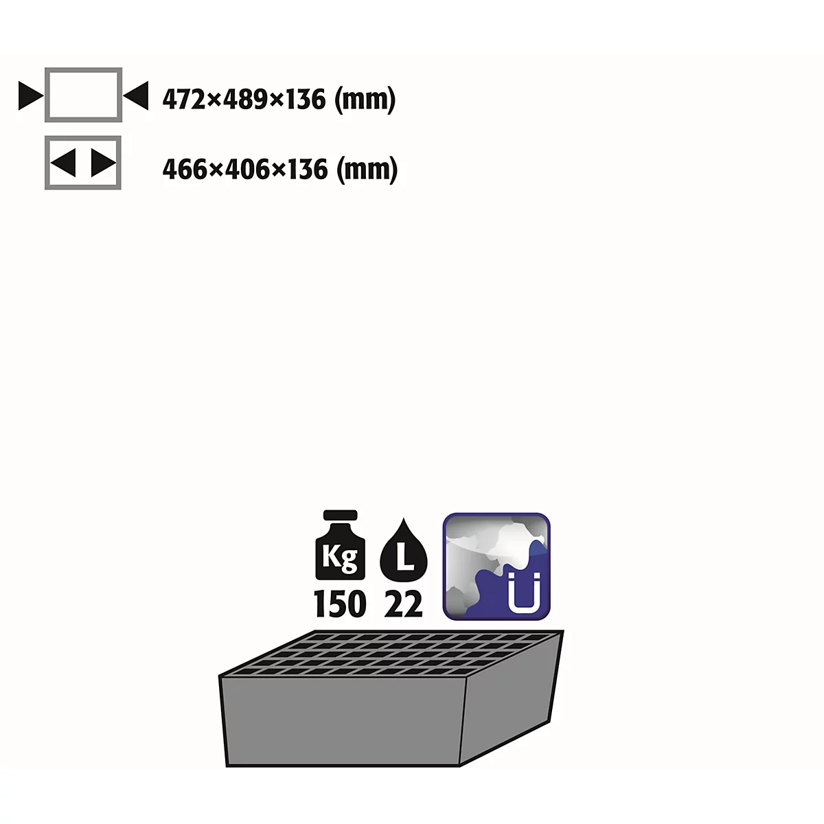 Bodenauffangwanne Stawa-R mit Gitterrost für asecos Chemikalienschränke der CS und CX Serie, Stahlblech, blau, B 472 x T 489 x H 136 mm, 22 l