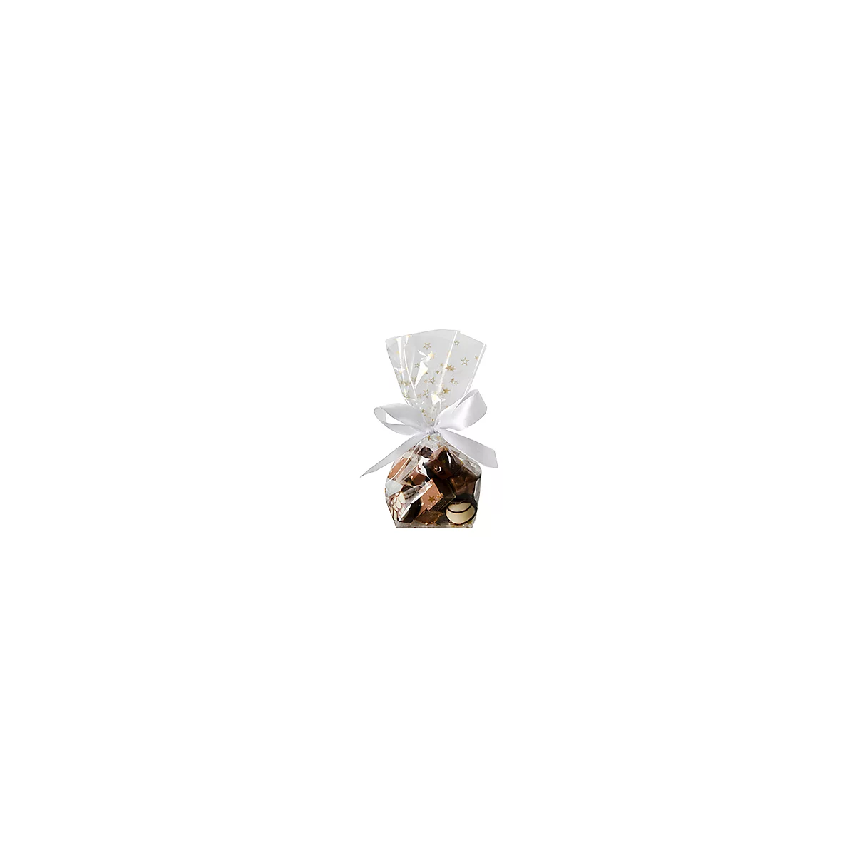 Bodenbeutel Papstar, mit goldenen Sternen, Stärke 30 μ, L 160 x B 95 x H 40 mm, Polypropylen, gold- transparent, 10 Stück