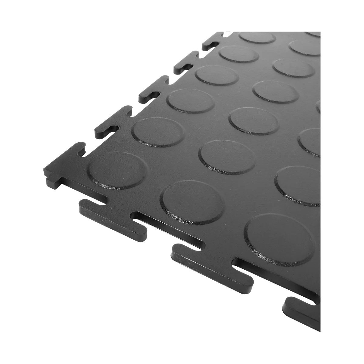 Schwarze, quadratische Bodenfliesen mit abgerundeten Noppen und einem ineinandergreifenden Rand.