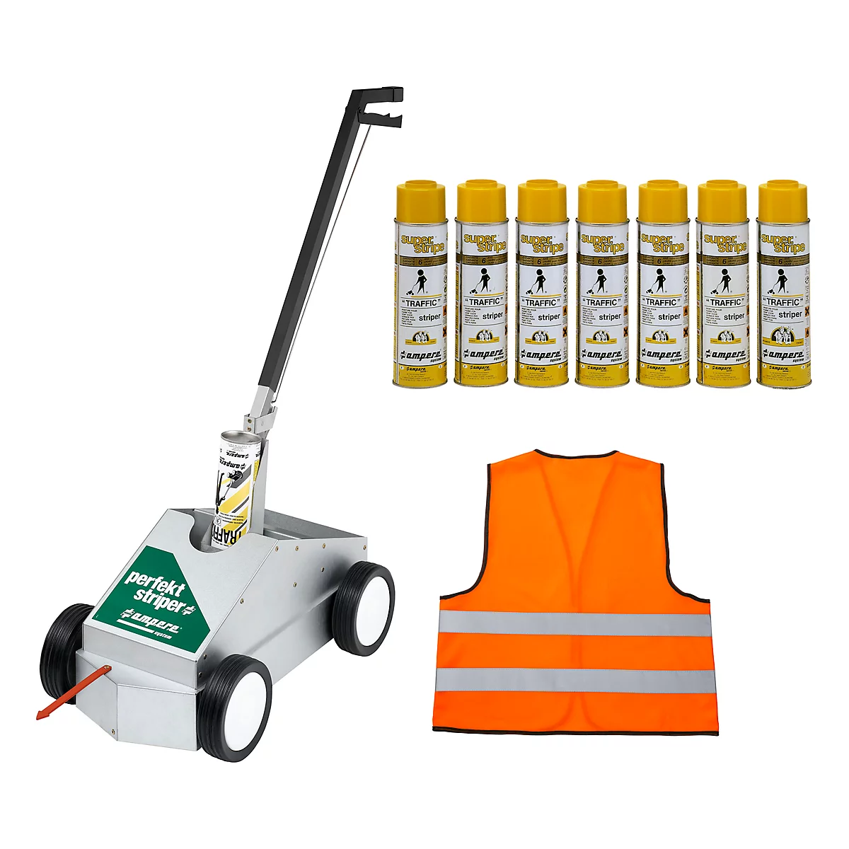 Bodenmarkierer Perfekt-Striper + 12 Dosen gelb Markierungsfarbe SET + Warnweste GRATIS