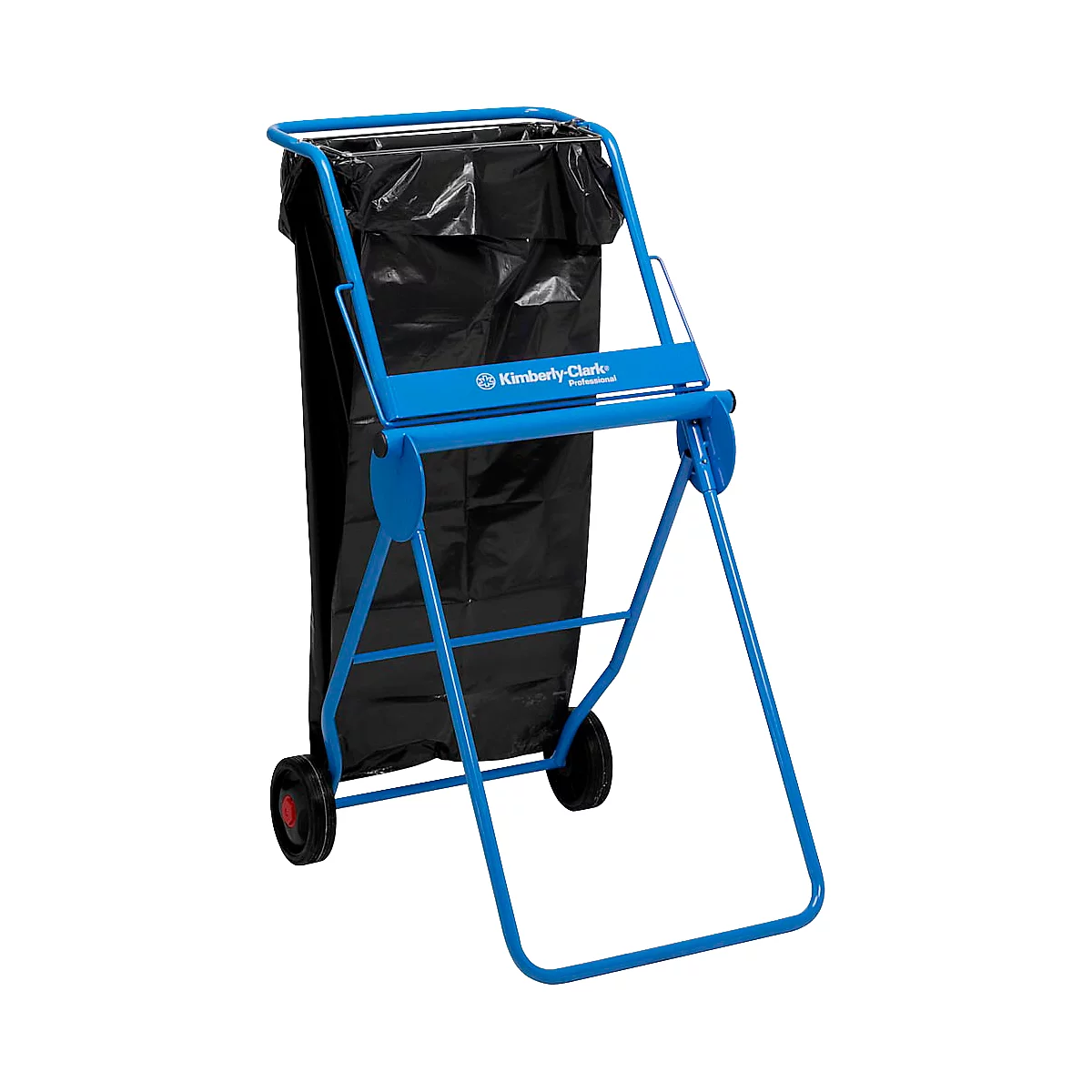 Blauer Müllsackhalter mit schwarzem Müllsack, zwei Rädern und Aufschrift 'Kimberly-Clark Professional'.