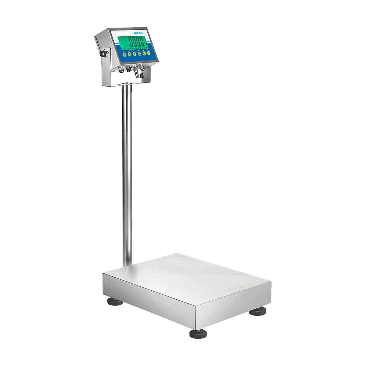 Eine Edelstahl-Standwaage, mit digitaler Anzeige, die 0,000 anzeigt, steht vor weißem Hintergrund.