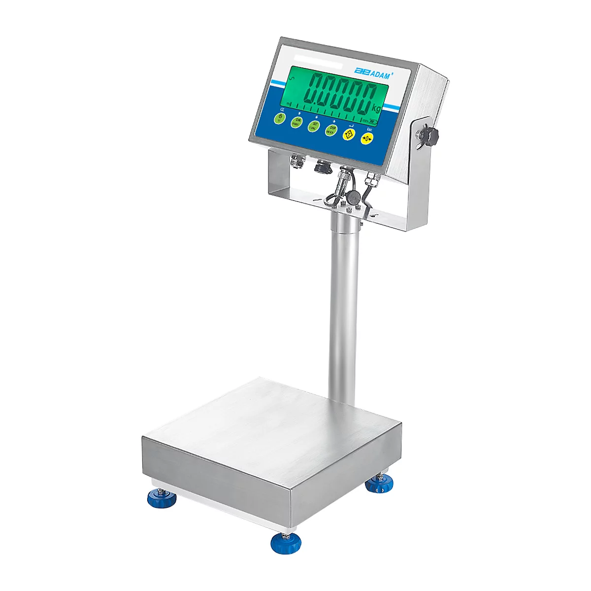 Eine digitale Industriewaage mit grünem Display. Sie zeigt "0.0000 kg" an. Waage aus Metall, blau-graue Akzente.