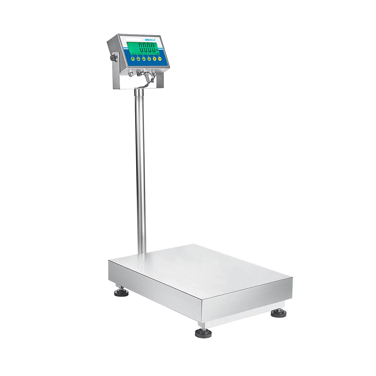 Industriewaage mit digitaler Anzeige, Edelstahlkonstruktion, vor weißem Hintergrund.