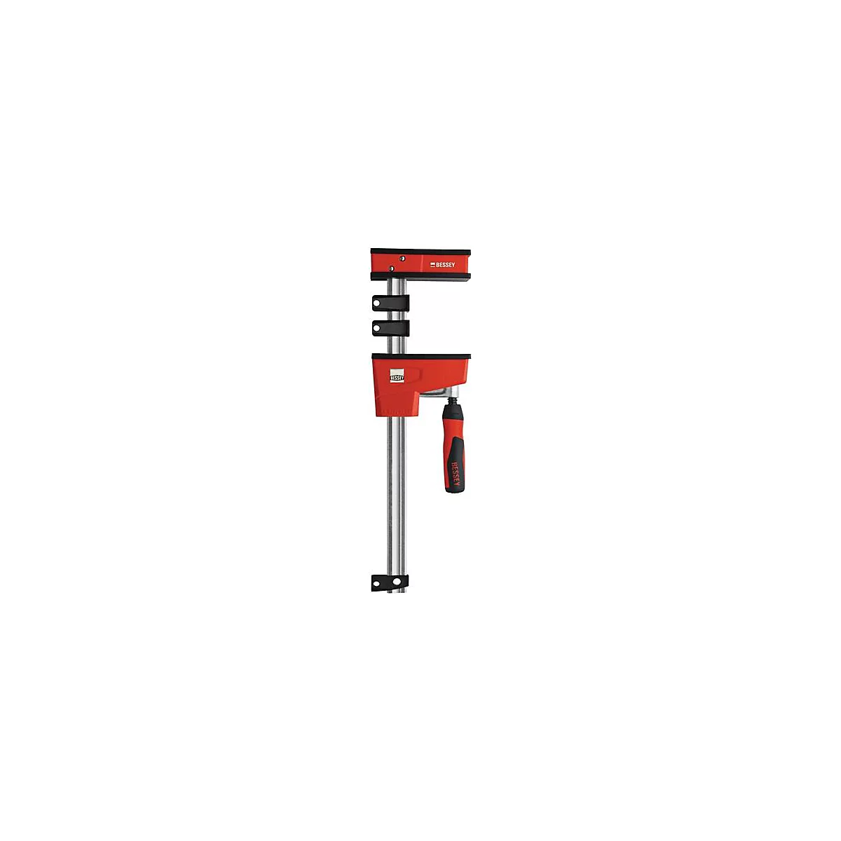 Red and black screw clamp with "BESSEY" logo. The tool has a metallic shaft, a red clamping device, and a black handle.