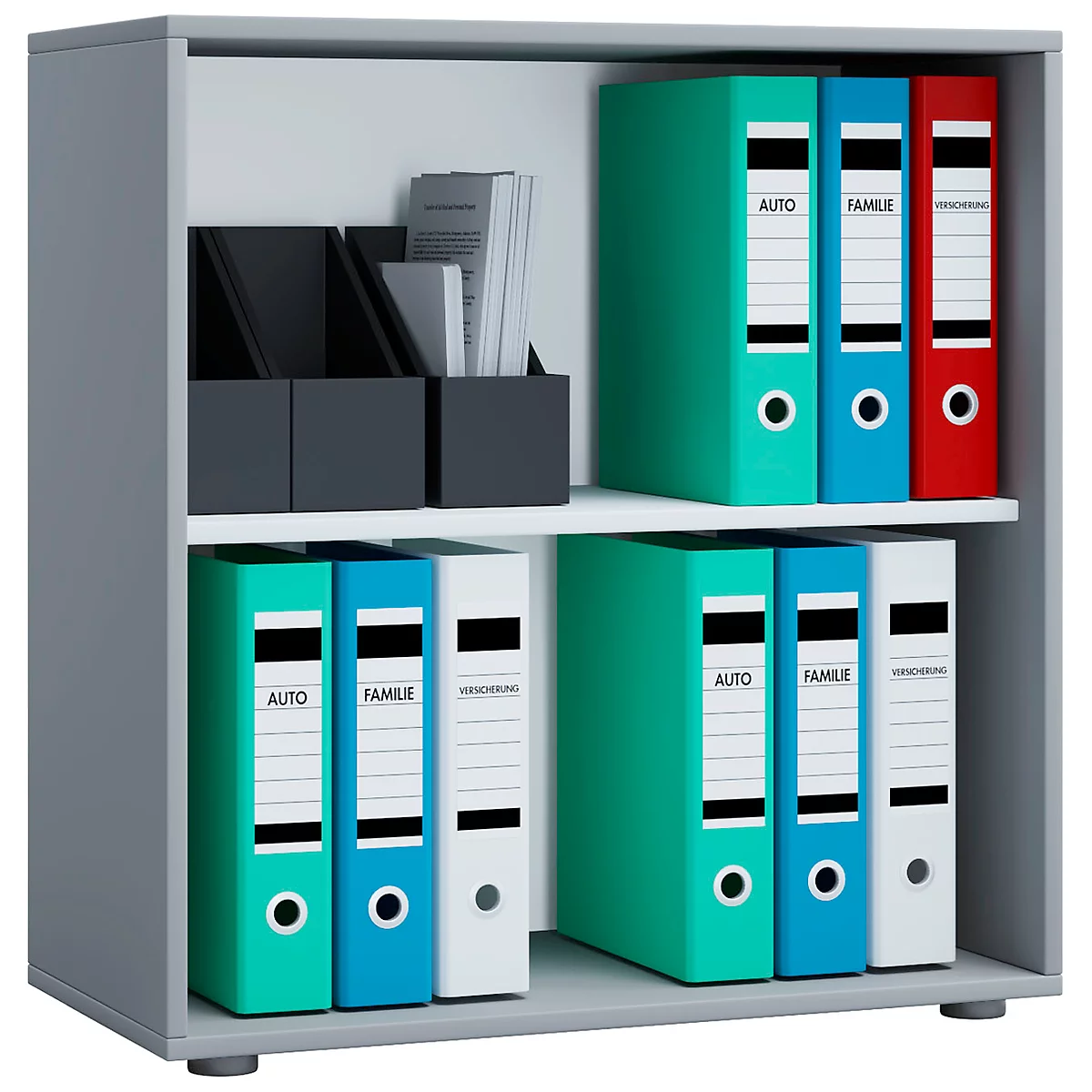 Boekenkast van hout, 2 OH, in hoogte verstelbare legborden, B 700 x D 400 x H 740 mm, grijs