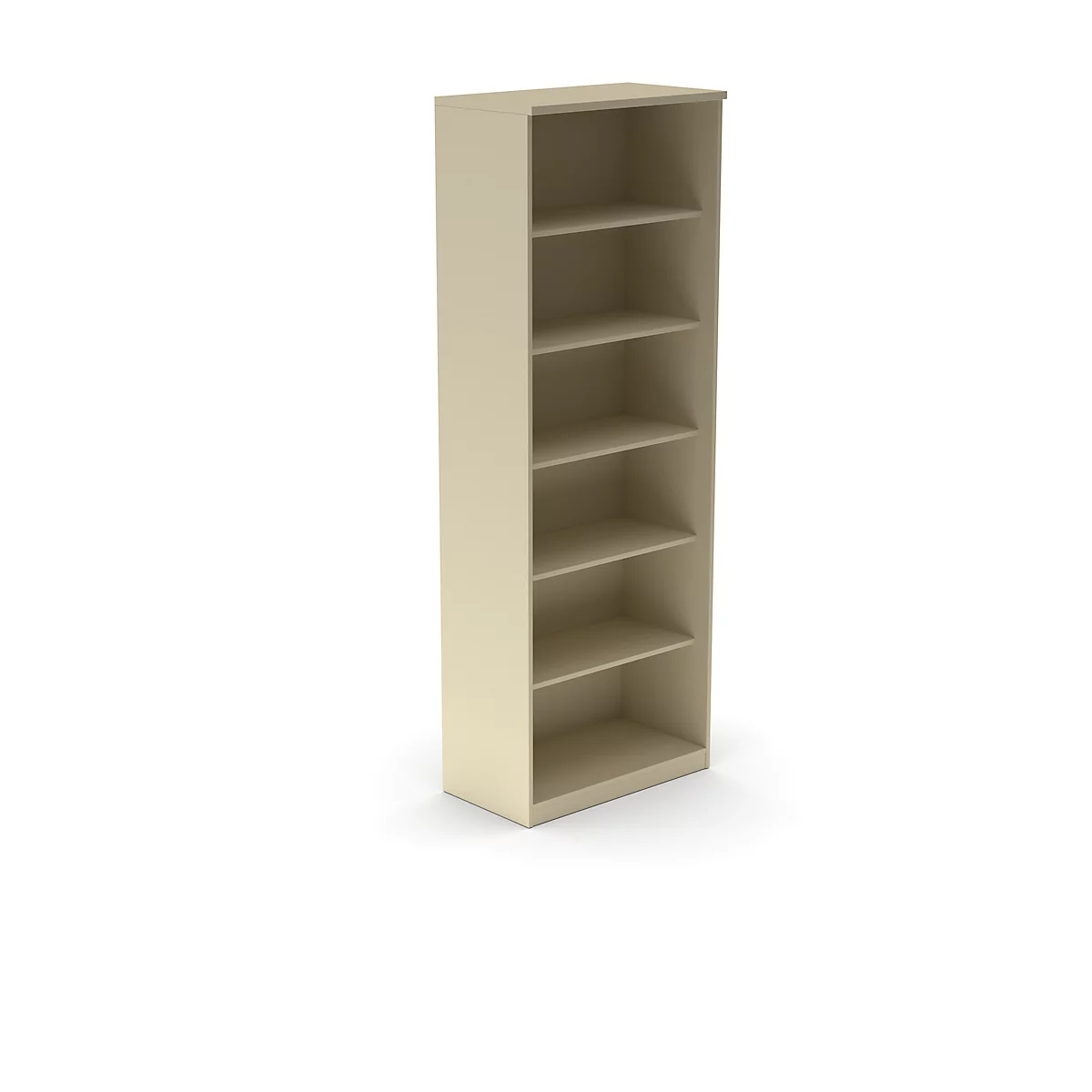 Beige boekenkast met zes planken tegen een witte achtergrond. De randen zijn afgerond.
