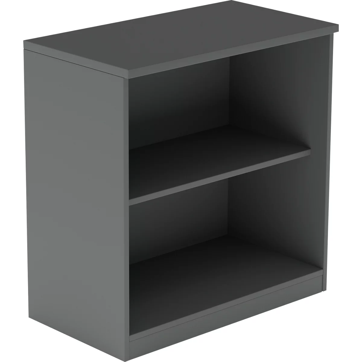 Grijs boekenrek met twee planken. Het rechthoekige meubel is eenvoudig en modern.
