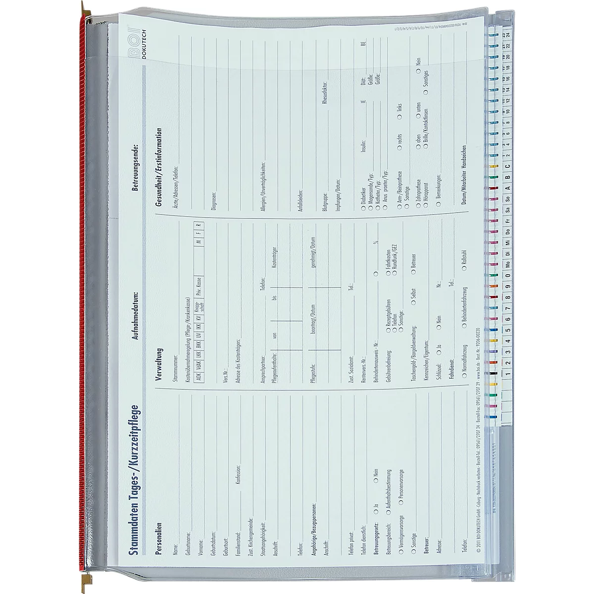 Notitieboek met een grijze kaft, gevuld met witte pagina's met kolommen voor medische gegevens. Rode lijn aan de linkerrand.