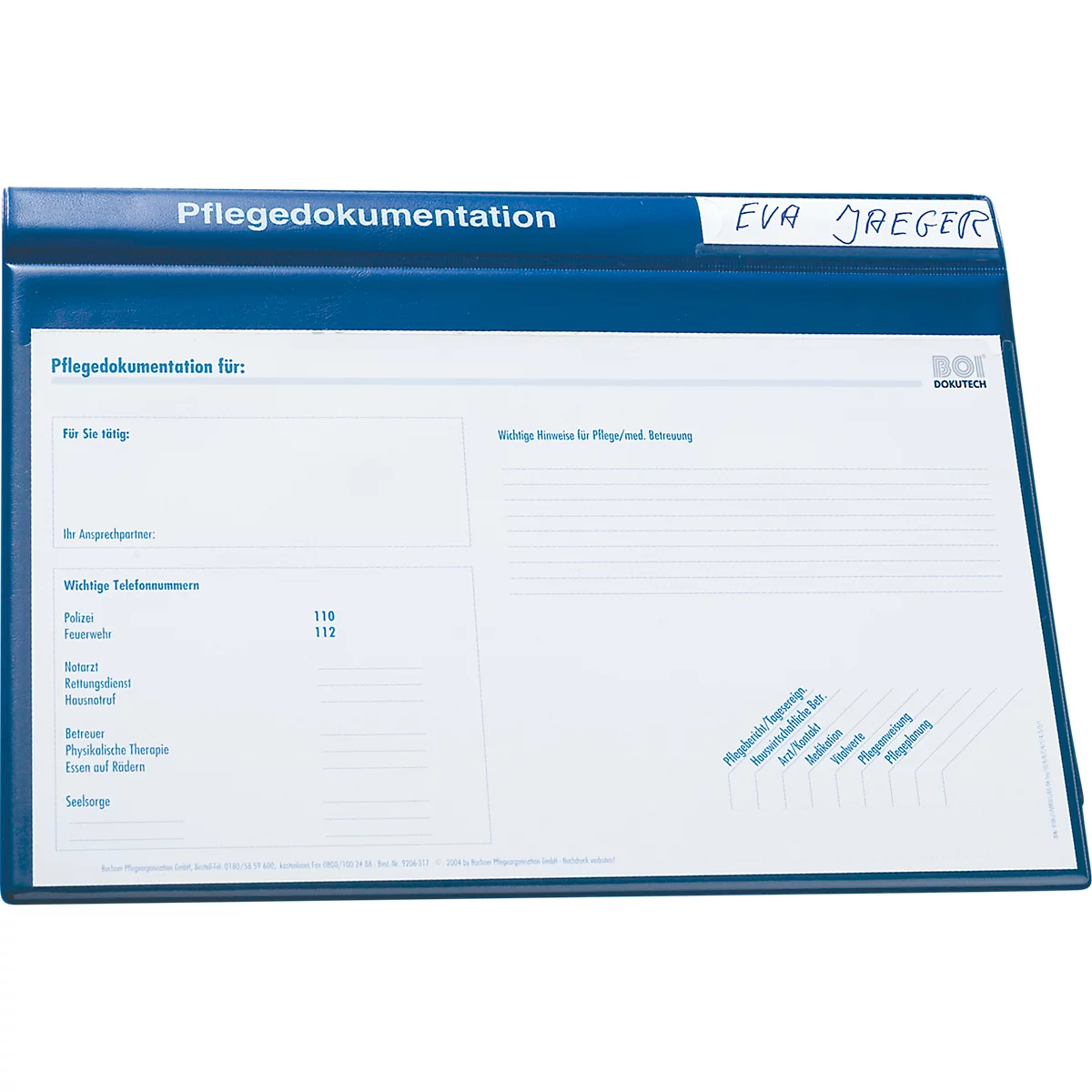 Blue folder with the inscription "Pflegedokumentation". Below are fields for information. At the top right is "Eva Jaeger".