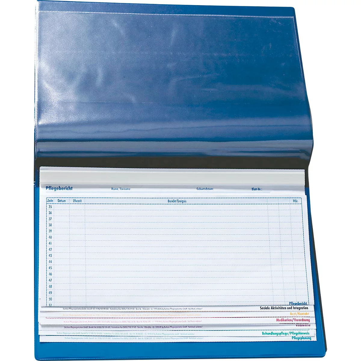 Blue care report with transparent foil. Open, with lined pages. Labels: care report, social activities, medication.