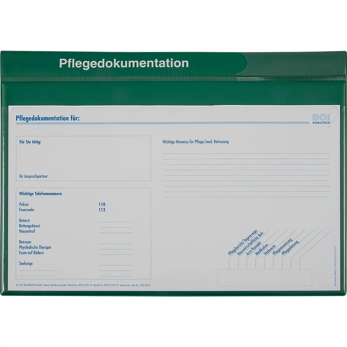 Green folder with text: Care documentation, as well as fields and information for care.