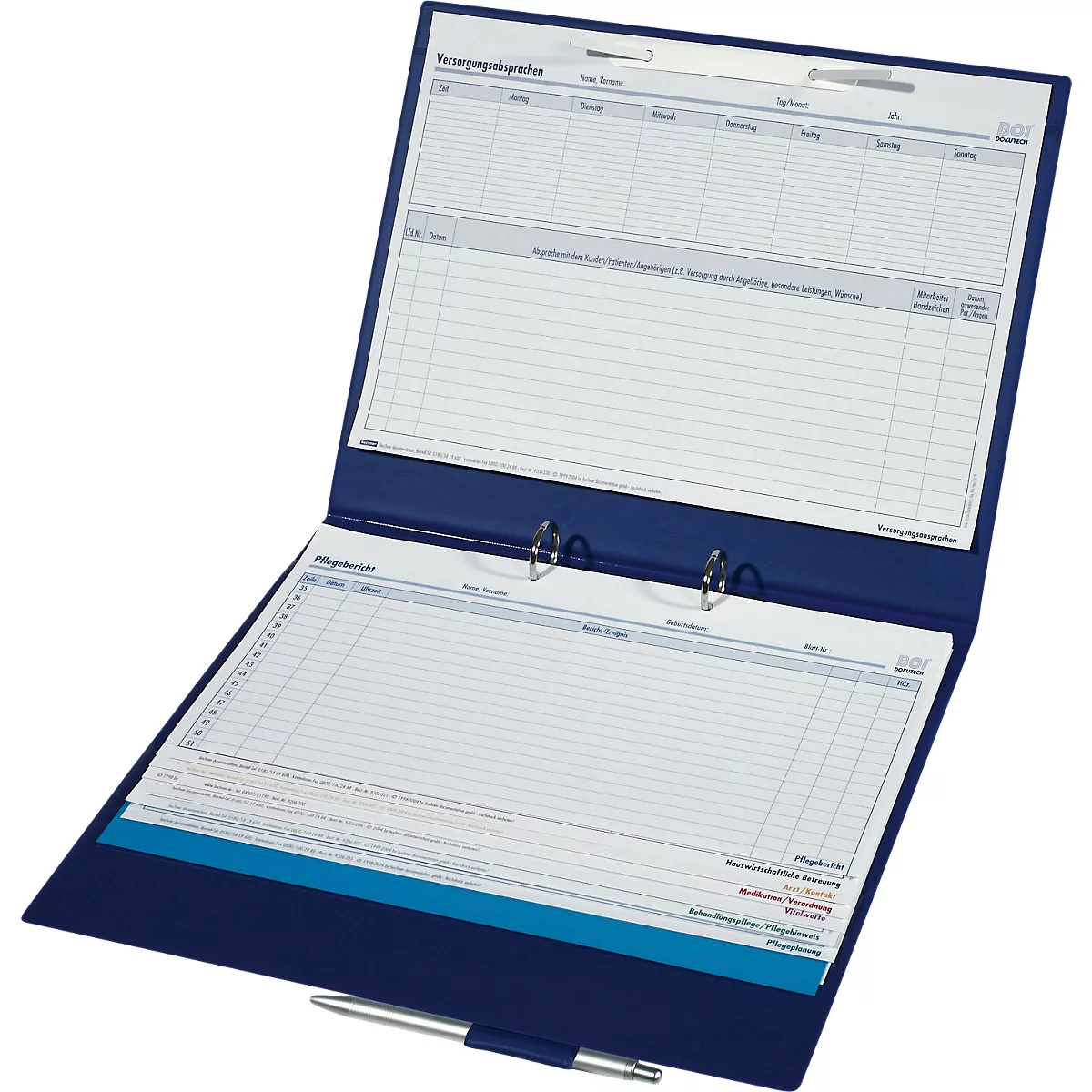Blue folder with silver pen, open and labeled with tables.