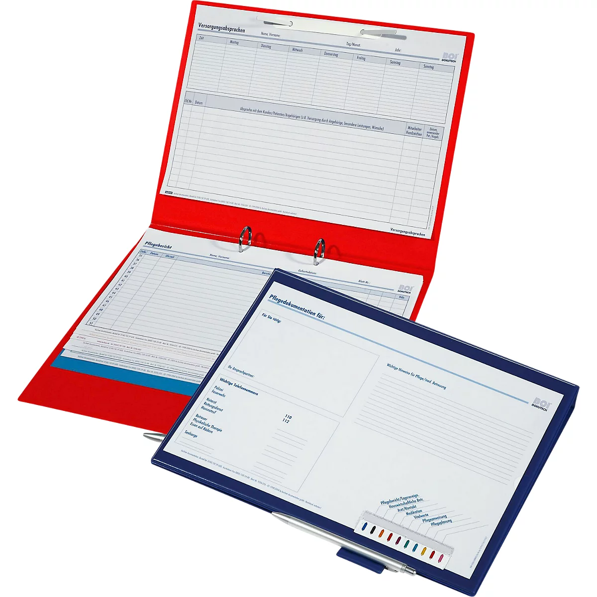 Red binder with sheets, next to it a blue clipboard. The sheets show tables with German labels.