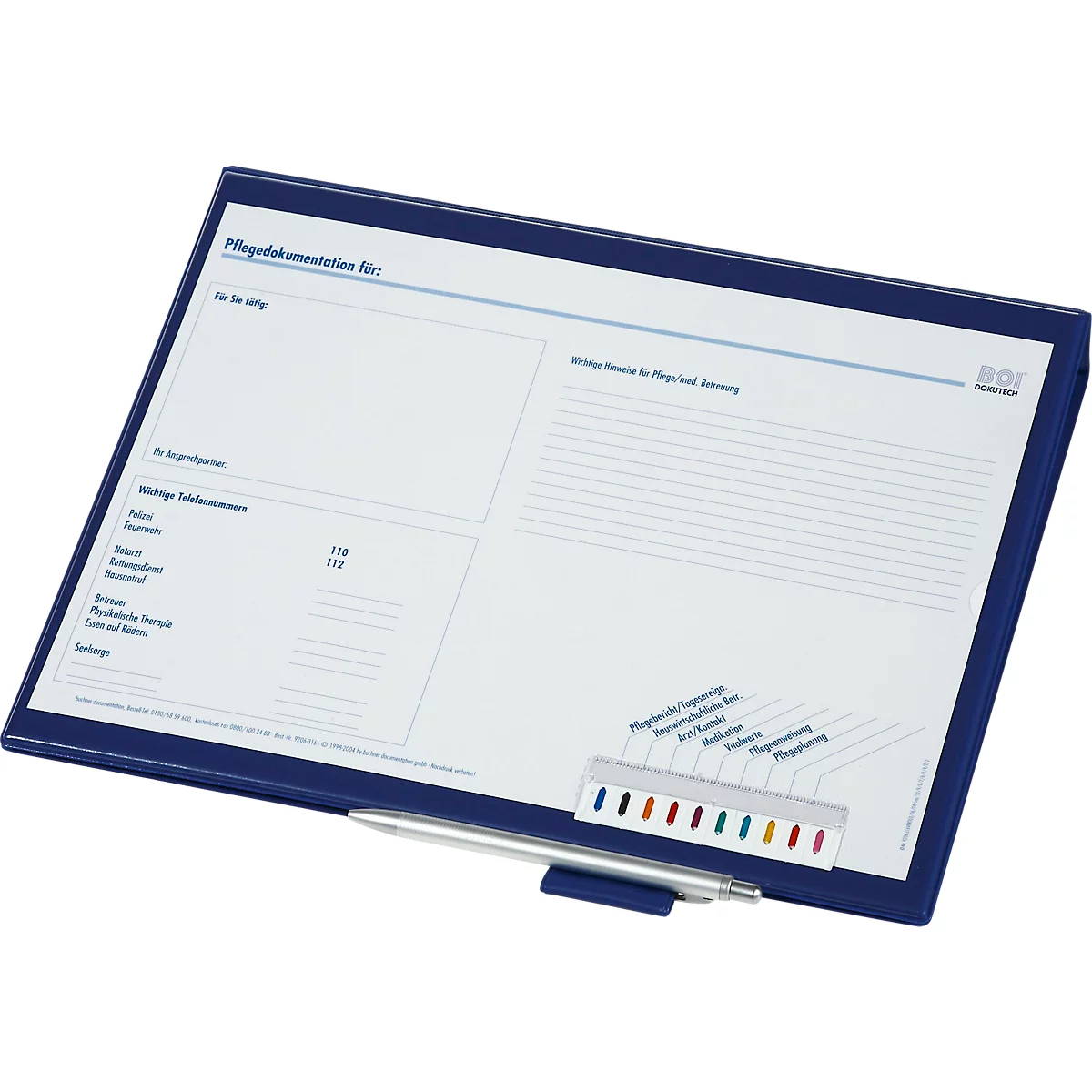 Blue documentation pad with pen and colored markers. Inscription: Nursing documentation. Fields for information, notes and diagrams.