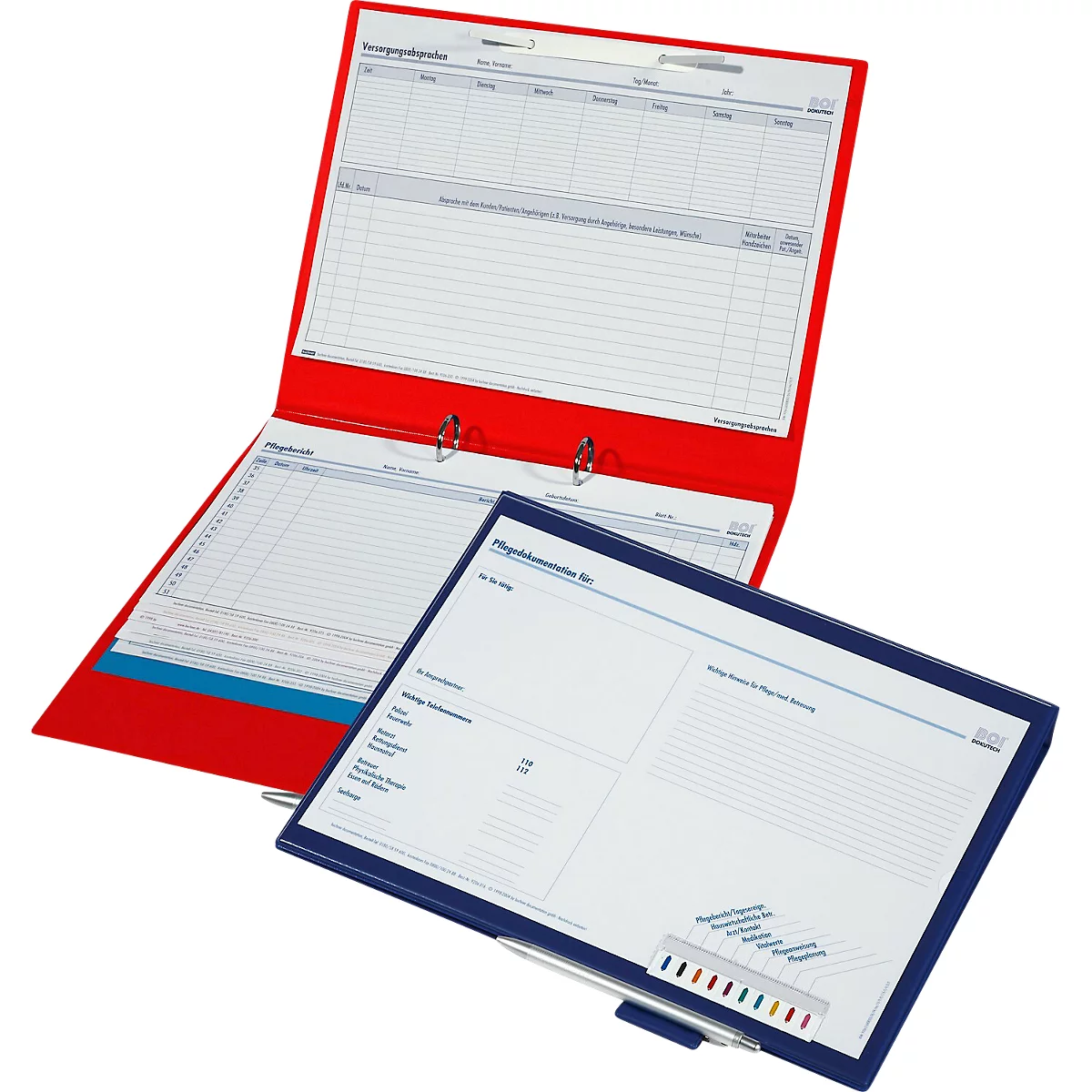 Roter Ordner mit Papier, blauem Schreibbrett und Stift. Formulare mit Spalten, blau-rote Akzente. Beschriftung.