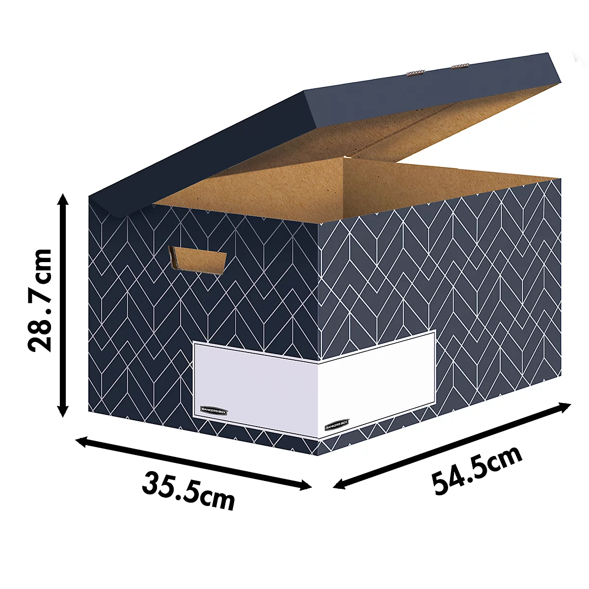 Boîte à couvercle rabattable Maxi BANKERS BOX® Décor, carton certifié FSC®, L 570 x l 367 x h 291 mm, pour formats DIN A4, bleu nuit, 5 pièces.