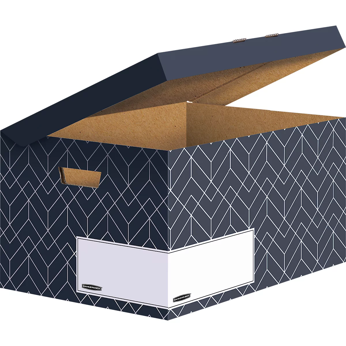Boîte à couvercle rabattable Maxi BANKERS BOX® Décor, carton certifié FSC®, L 570 x l 367 x h 291 mm, pour formats DIN A4, bleu nuit, 5 pièces.