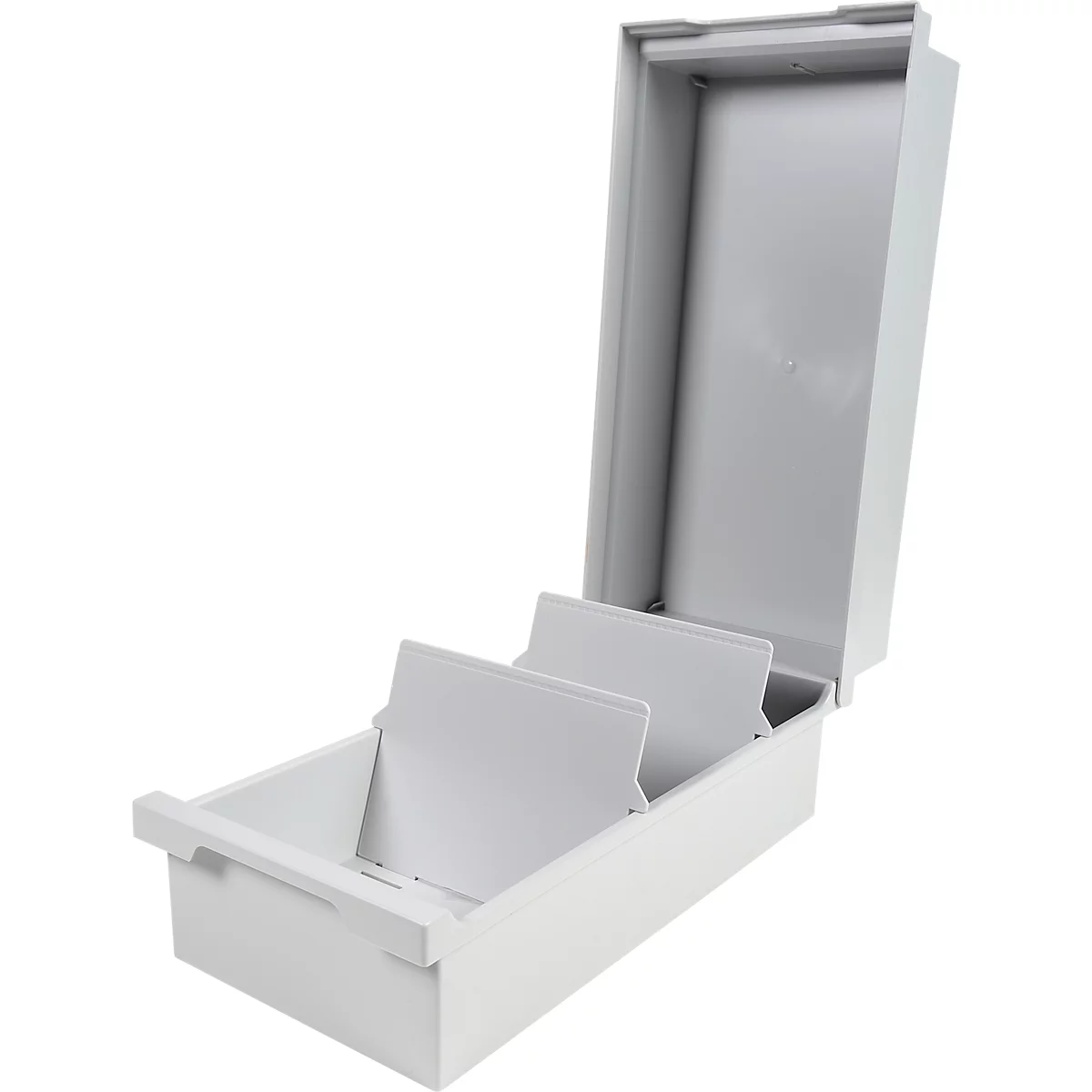 Boîte en métal grise avec couvercle ouvert. Il y a des séparateurs à l'intérieur de la boîte.