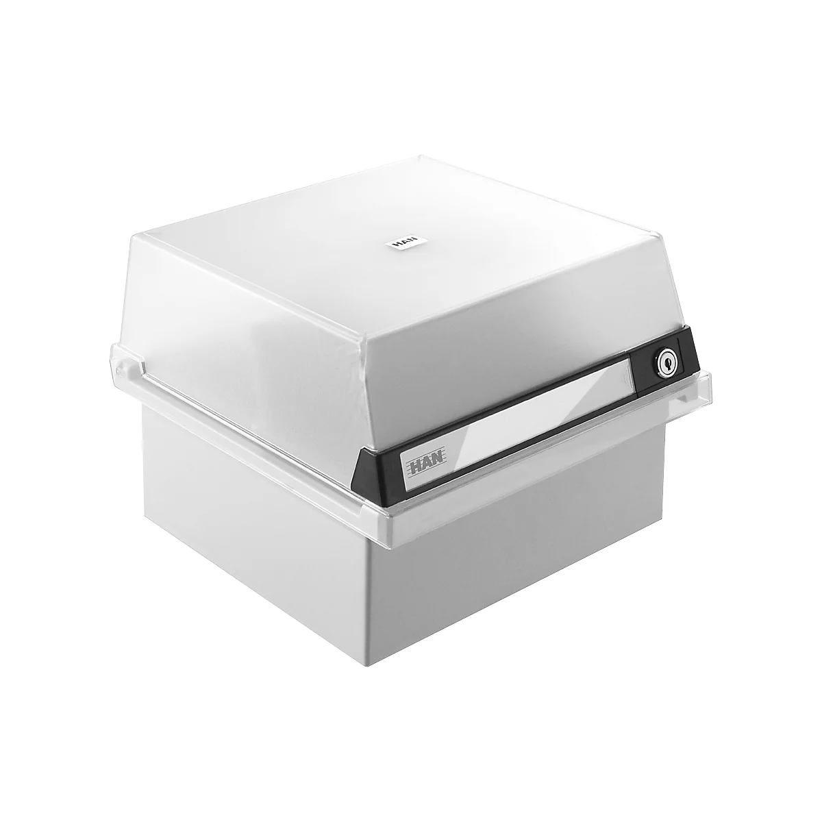 Boîte à fiches HAN, plastique, format A5, avec couvercle verrouillable, gris
