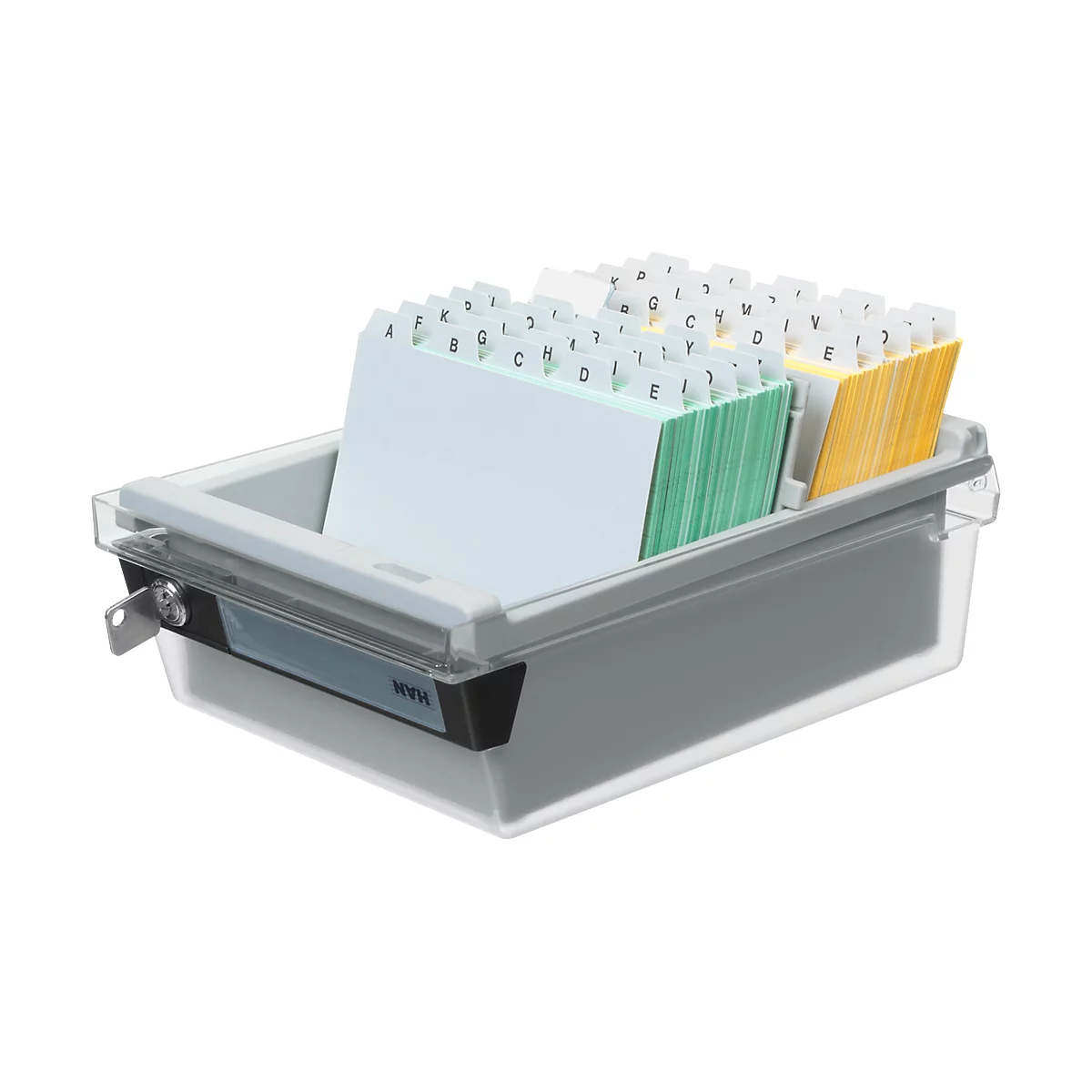 Boîte à fiches HAN, plastique, format A5, avec couvercle verrouillable, gris